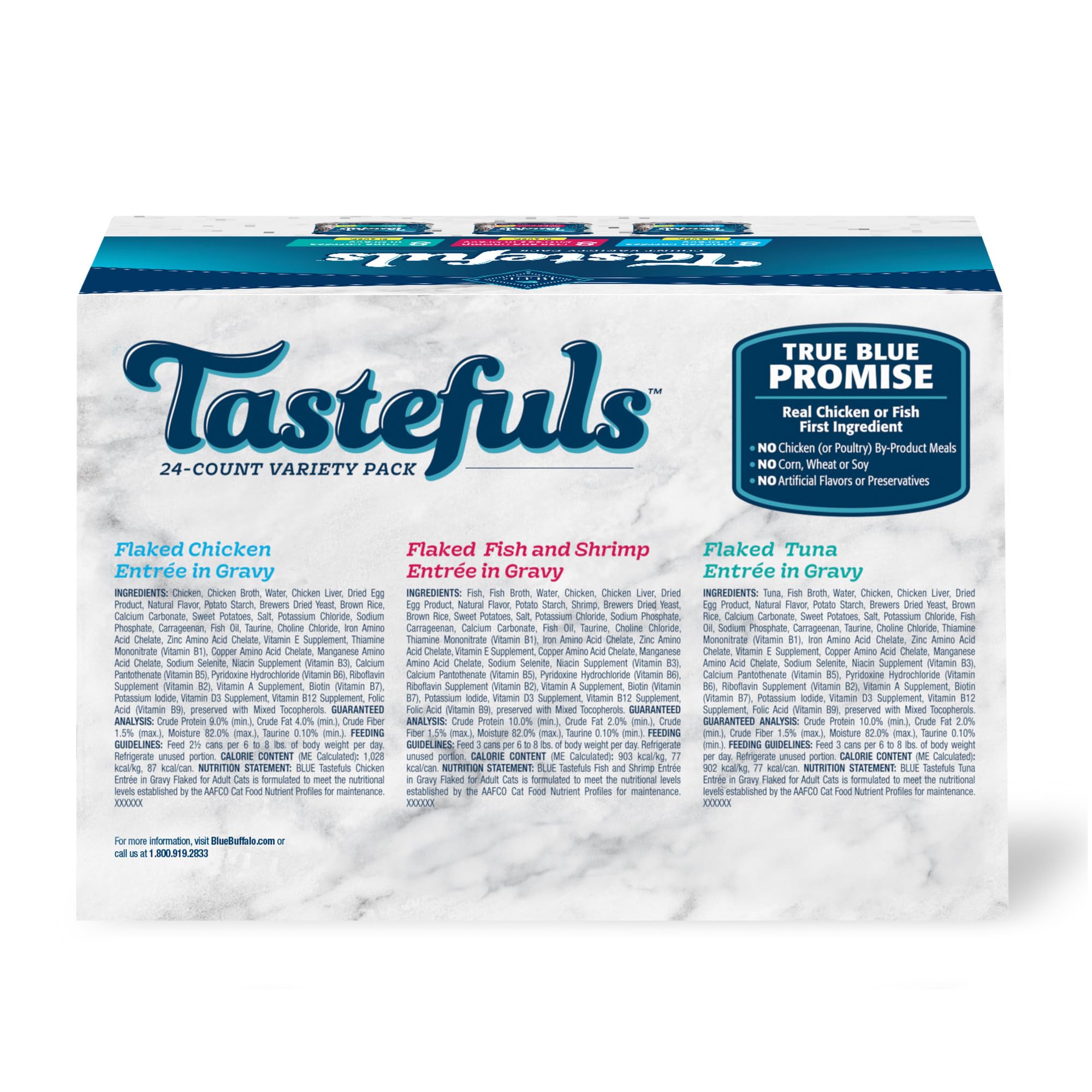 Blue Buffalo Tastefuls Natural Flaked Wet Cat Food Variety Pack, Tuna, Chicken and Fish & Shrimp Entr  es in Gravy 3-oz Cans (24