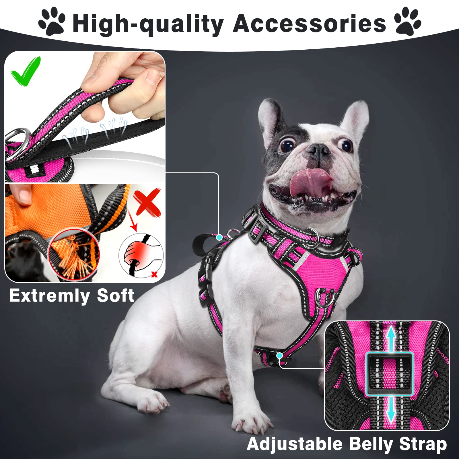 Winsee Pet Harness Collar And Leash Set, All-In-One Reflective Dog Harness No Pull With Adjustable Buckles For Puppies, Small, Medium, Large, And Extra-Large Dogs (Large, Rosy)