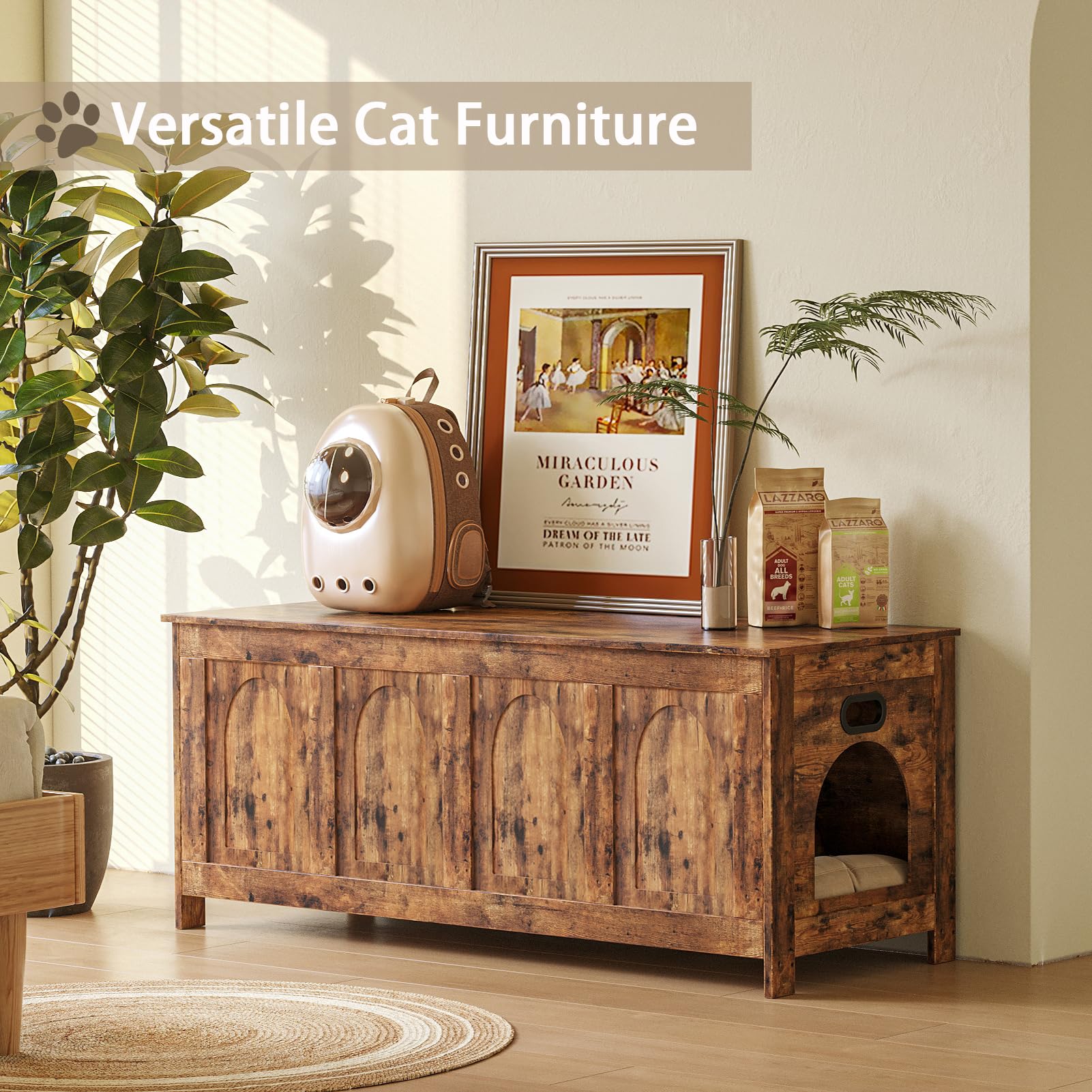 Dinzi Lvj Cat Litter Box Enclosure, Flip Top Litter Box Furniture, Hidden Cat Washroom, 2-Entrances Wooden Pet House, 47.2''L X