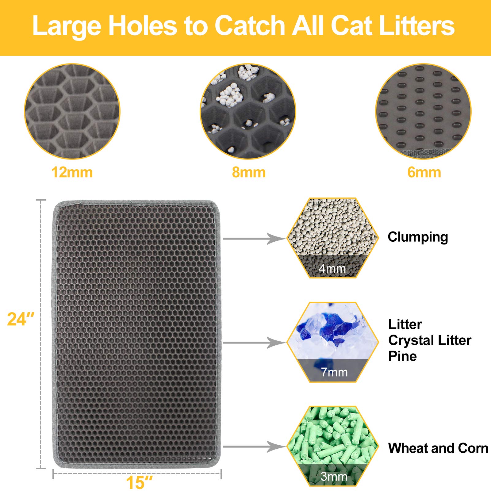 Letoo Cat Litter Mat Grey Trapping For Litter Box, No Slip & Large, Urine & Waterproof, Honeycomb Double Layer Anti Tracking Kitty Mats, No Phthalate, Washable Easy Clean (24' X 15', Grey)