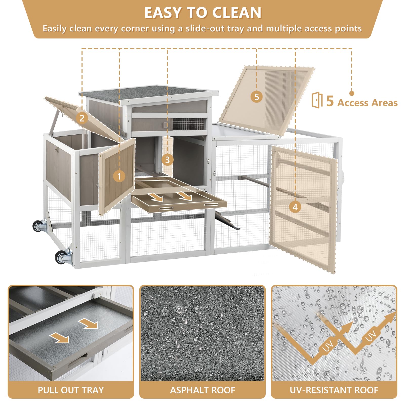 PetsCosset Chicken Coop with Run, Mobile Hen House with Wheels, Indoor/Outdoor Rabbit Hutch, Predator-Resistant, Nesting Box, 3