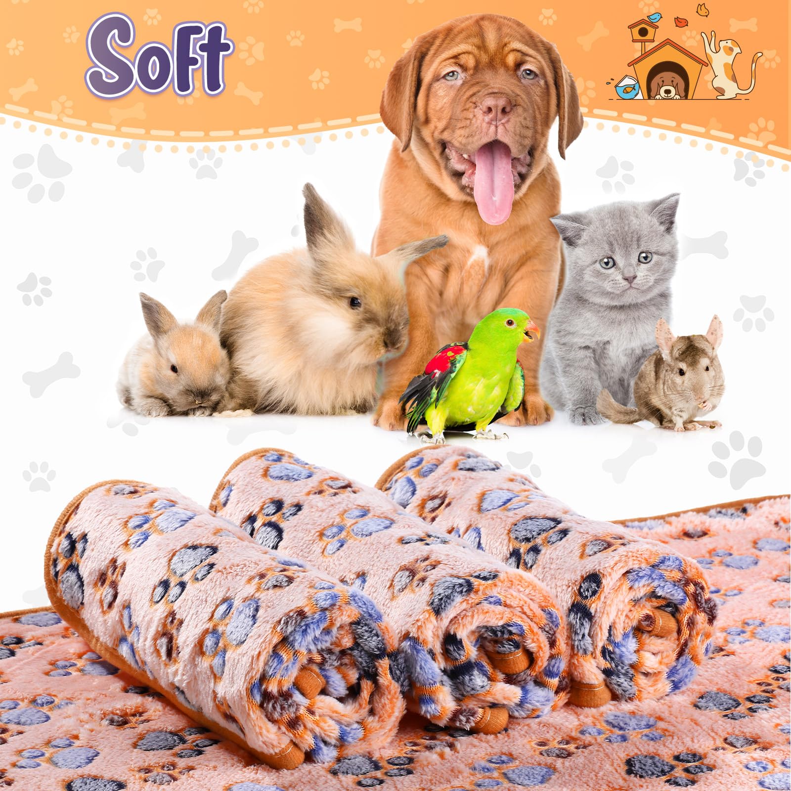 Tatuo 4 Pcs Dog Blanket For Pet Puppy Teething Toys Paw Print Fleece Blanket For Pet Cat Soft Warm Sleep Mat Guinea Pig Cage Mat