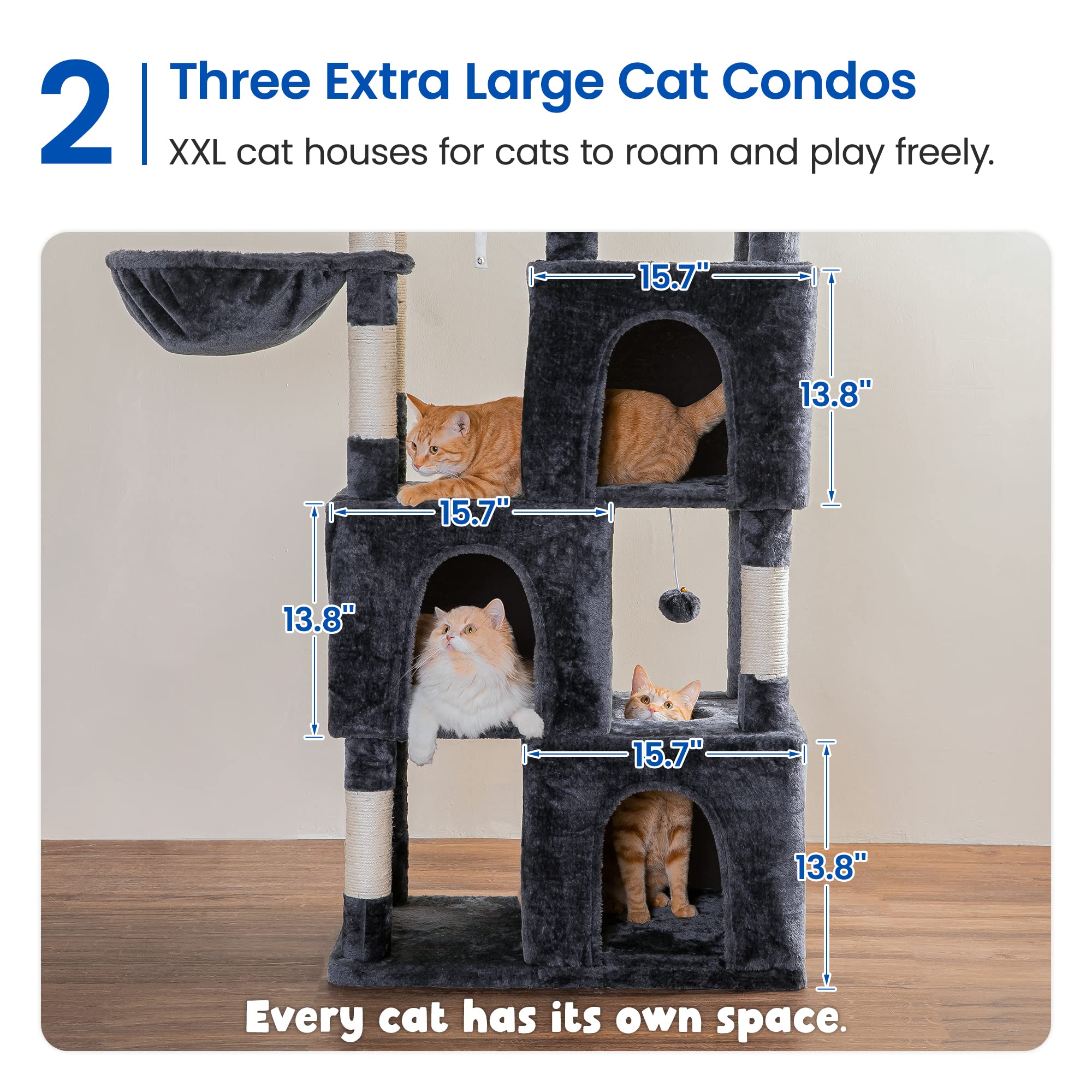 MWPO Extra Large Cat Tree - 70.1" Tall Cat Tower with 3 Condos, Scratching Posts, Plush Fabric, Smoky Grey, Model US-B840C