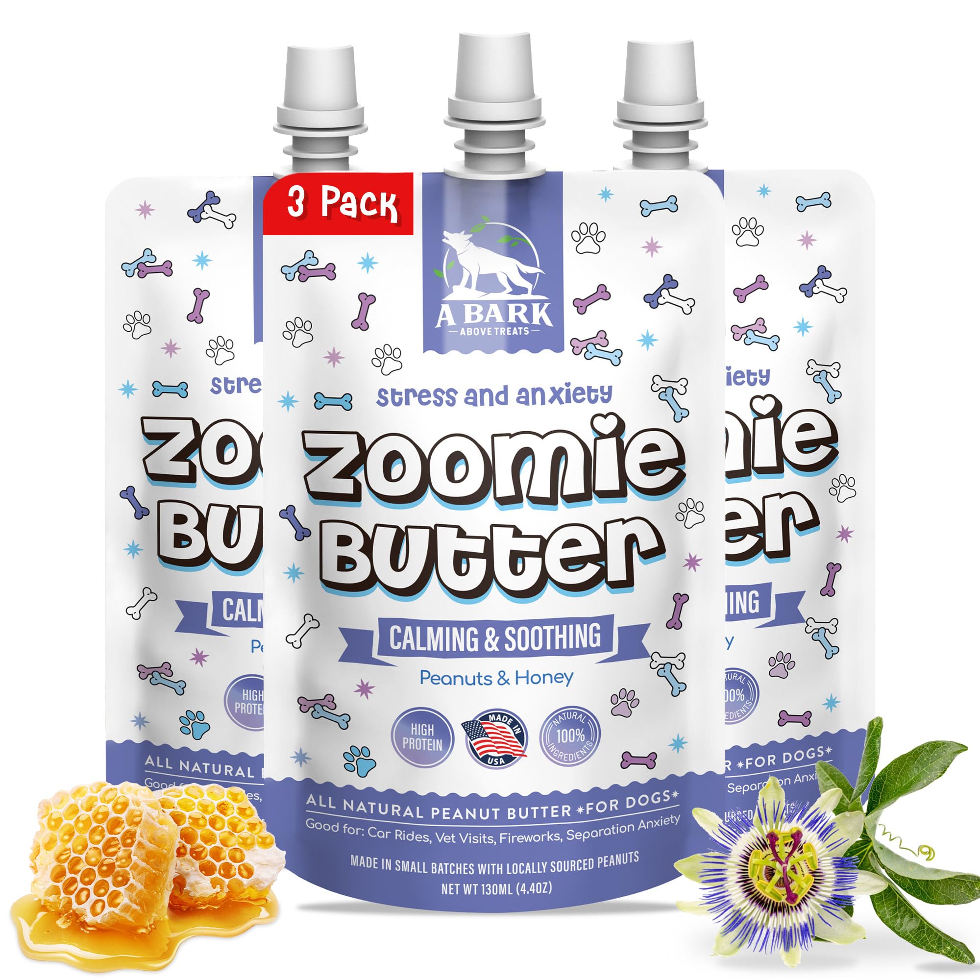 Zoomie Butter Stress & Anxiety Dog Peanut Butter Squeeze Supplement, All Natural Calming Dog Treat. Human Grade & Safe Puppy Foo