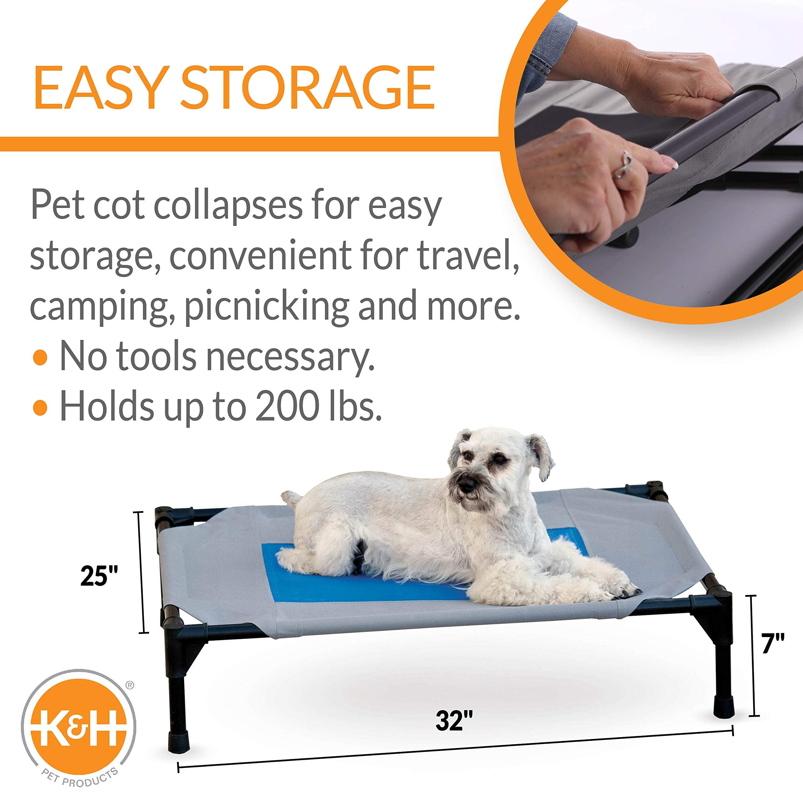 K&H Pet Products Coolin' Pet Cot, Outdoor Cooling Elevated Dog Cot for Medium Dogs, Raised Bed with Cool-Core Center, Portable P