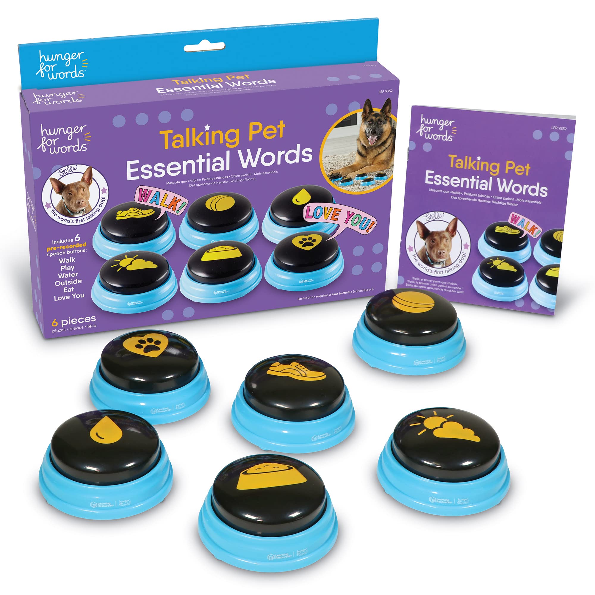 Hunger For Words Talking Pet Essential Words - 6 Piece Set Pre-Recorded Speech Buttons For Dogs, Dog Buttons For Communication