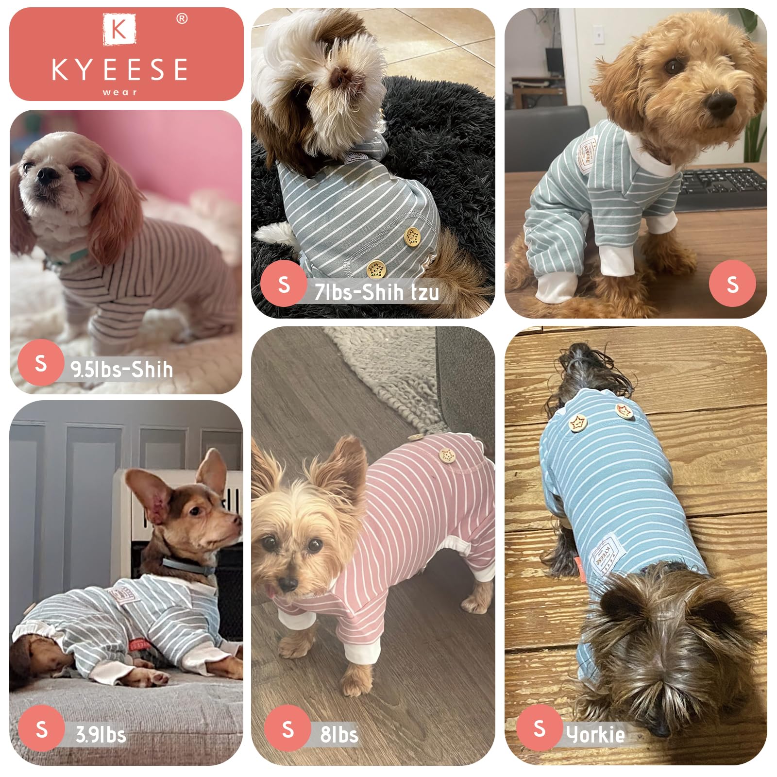 Kyeese Dog Pajamas Stripes 4 Legged Pet Jumpsuit Stretchable Pet Puppy Cat Pajamas Onesie Lightweight Dog Clothes, Ivory Brown,