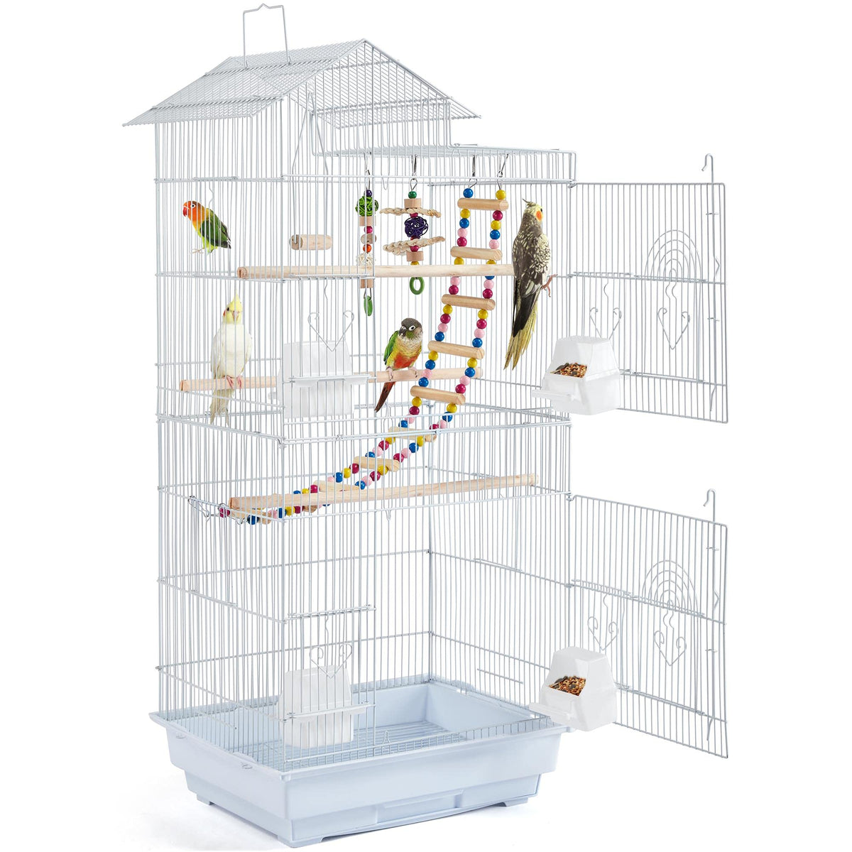 Yaheetech 39-Inch Roof Top Medium Parakeet Bird Cages For Cockatiels Conures Finches Budgies Canaries Lovebirds Parakeets Green Cheek Small Birds Parrots, Travel Flight Birdcage W/Toys, White