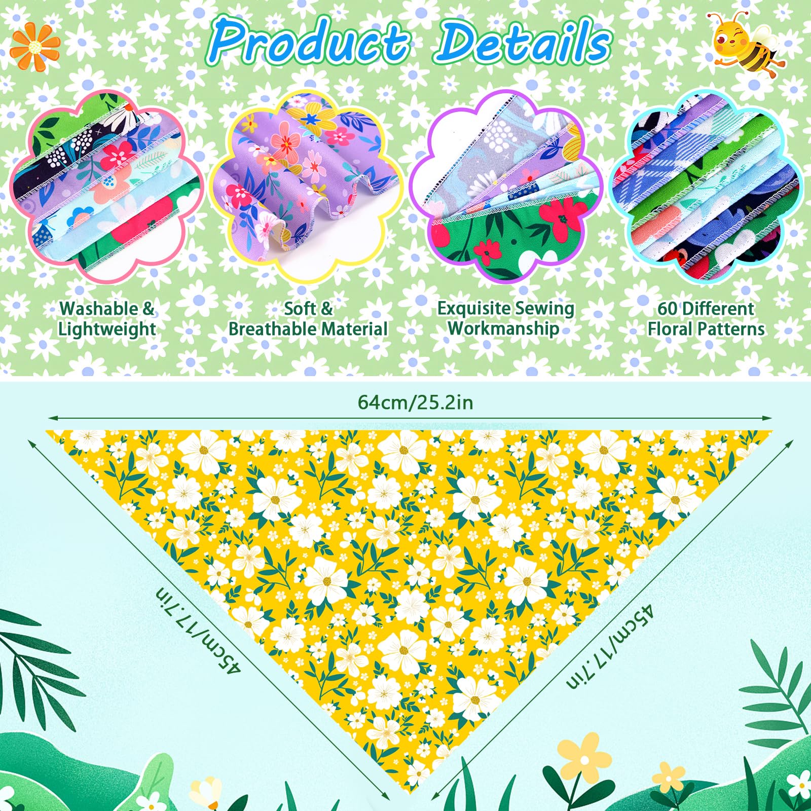 60 Pcs Spring Summer Dog Bandanas Bulk Adjustable Floral Puppy Scarves Pet Bandana Washable Flower Puppy Grooming Bandana For Mo
