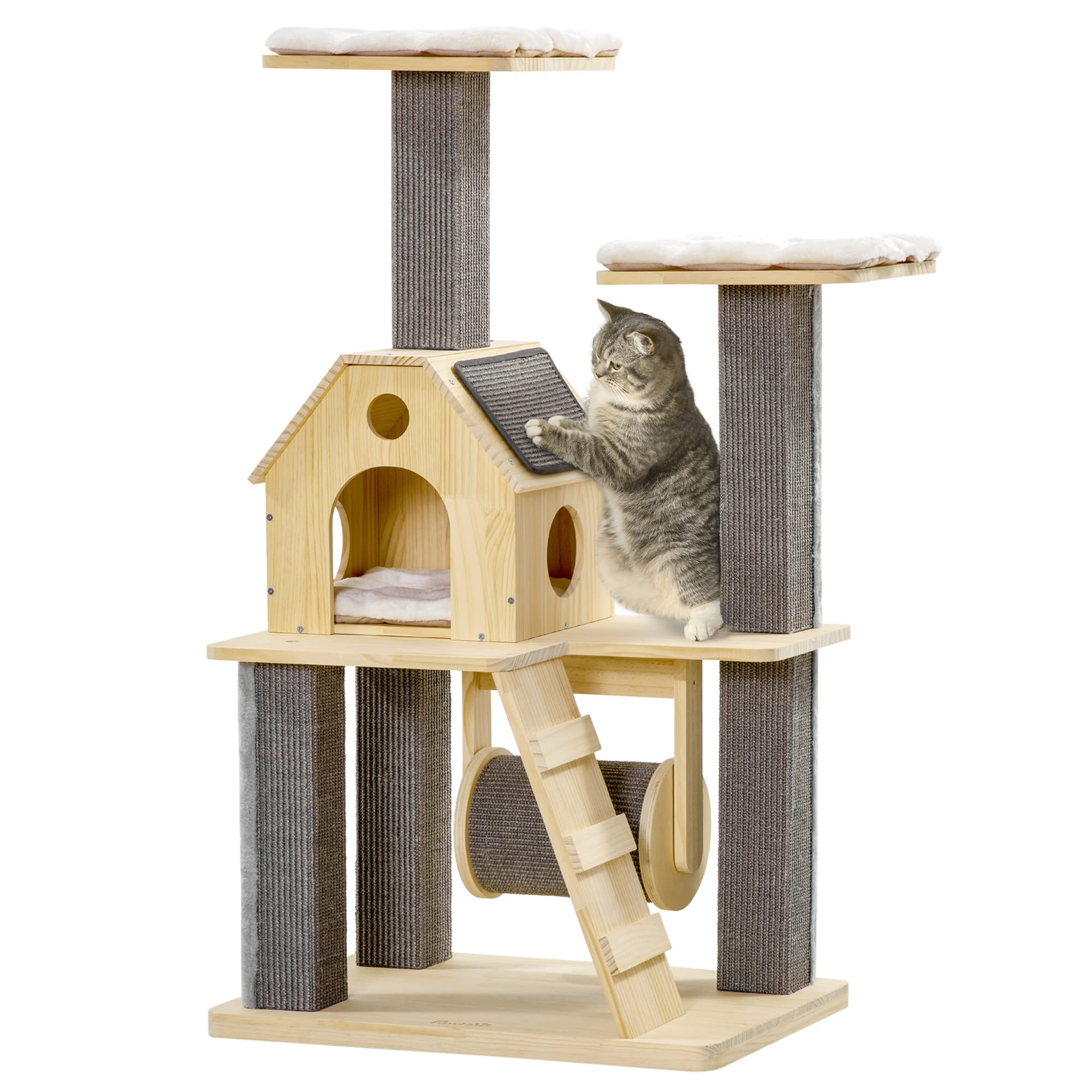 Pawhut Cozy-House Cat Tree For Indoor Cats With Pillow-Covered Perches, Spinning Toy, Modern Climbing Activity Cat Tower With Sc