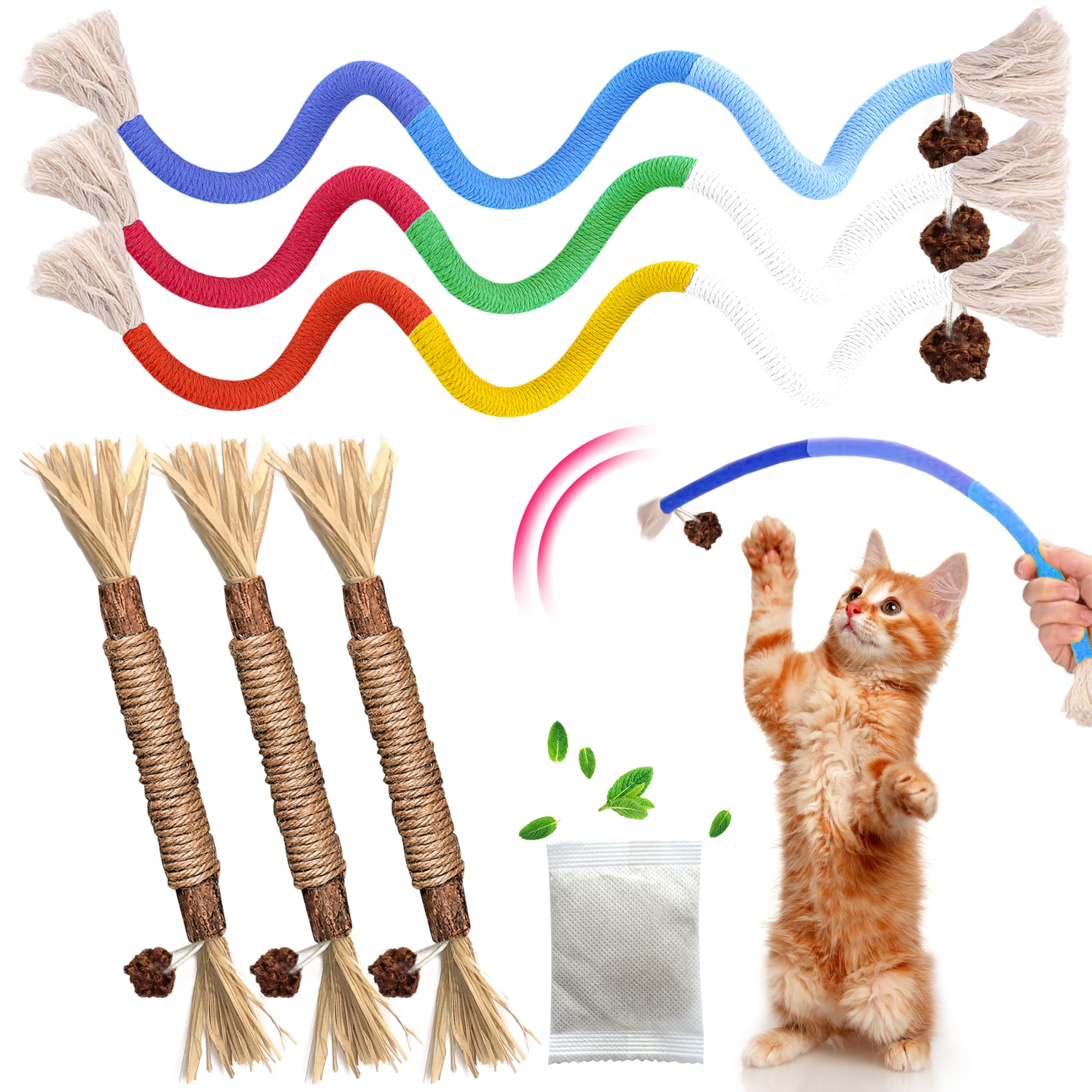 Gbsyu Cat Toys Chew Rope & Silvervine Sticks For Bored Indoor Adult Cats, 6Pcs Interactive Catnip Toys For Cats With Refillable 