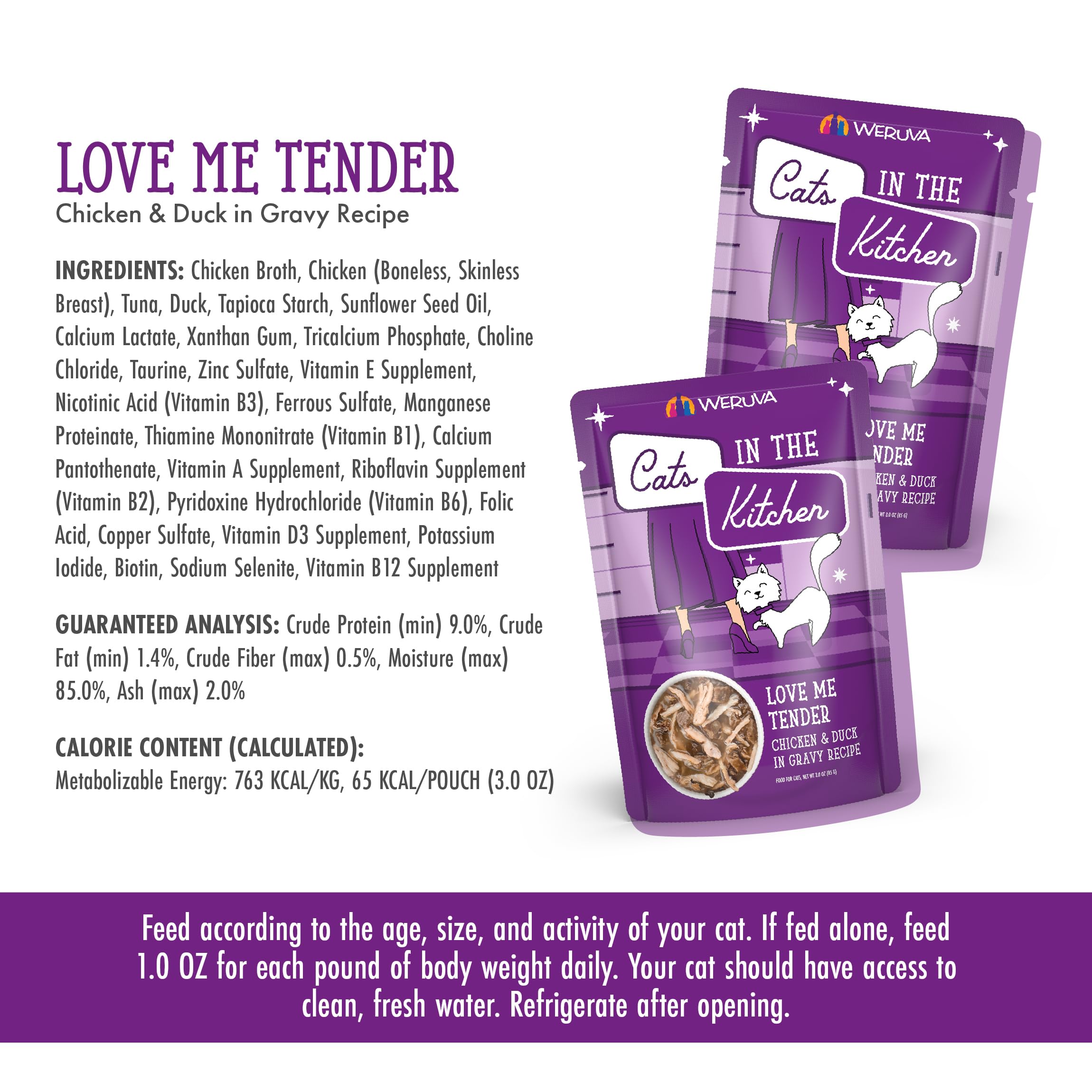 Weruva Cats in The Kitchen, Love Me Tender with Chicken & Duck in Gravy Cat Food, 3oz Pouch (Pack of 12)