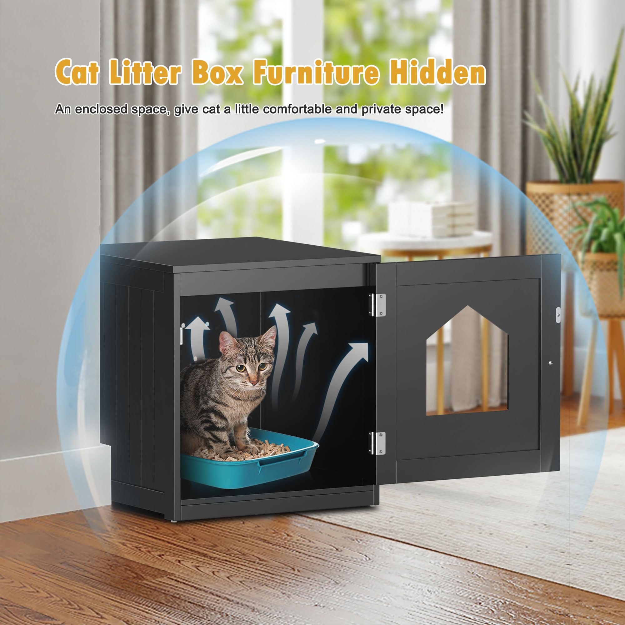 Nova Microdermabrasion Cat Litter Box Enclosure Hidden Kitty Litter Box Furniture Indoor Cat Box Cabinet Cat House & Side Table Nightstand Cat Washroom (Black)