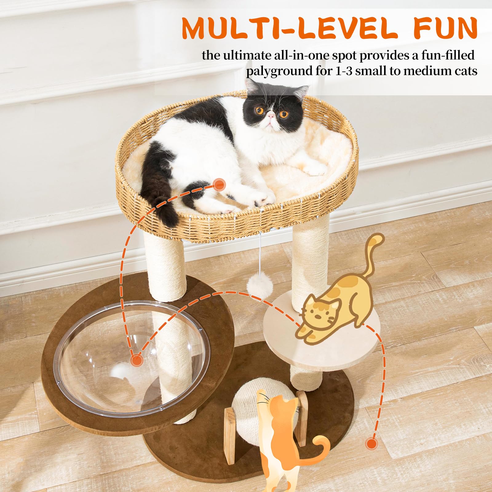 Modern Cat Tree for Indoor Cats, Wood Cat Tree with Natural Sisal-Covered Scratching Posts, Unique Cat Furniture Activity Center