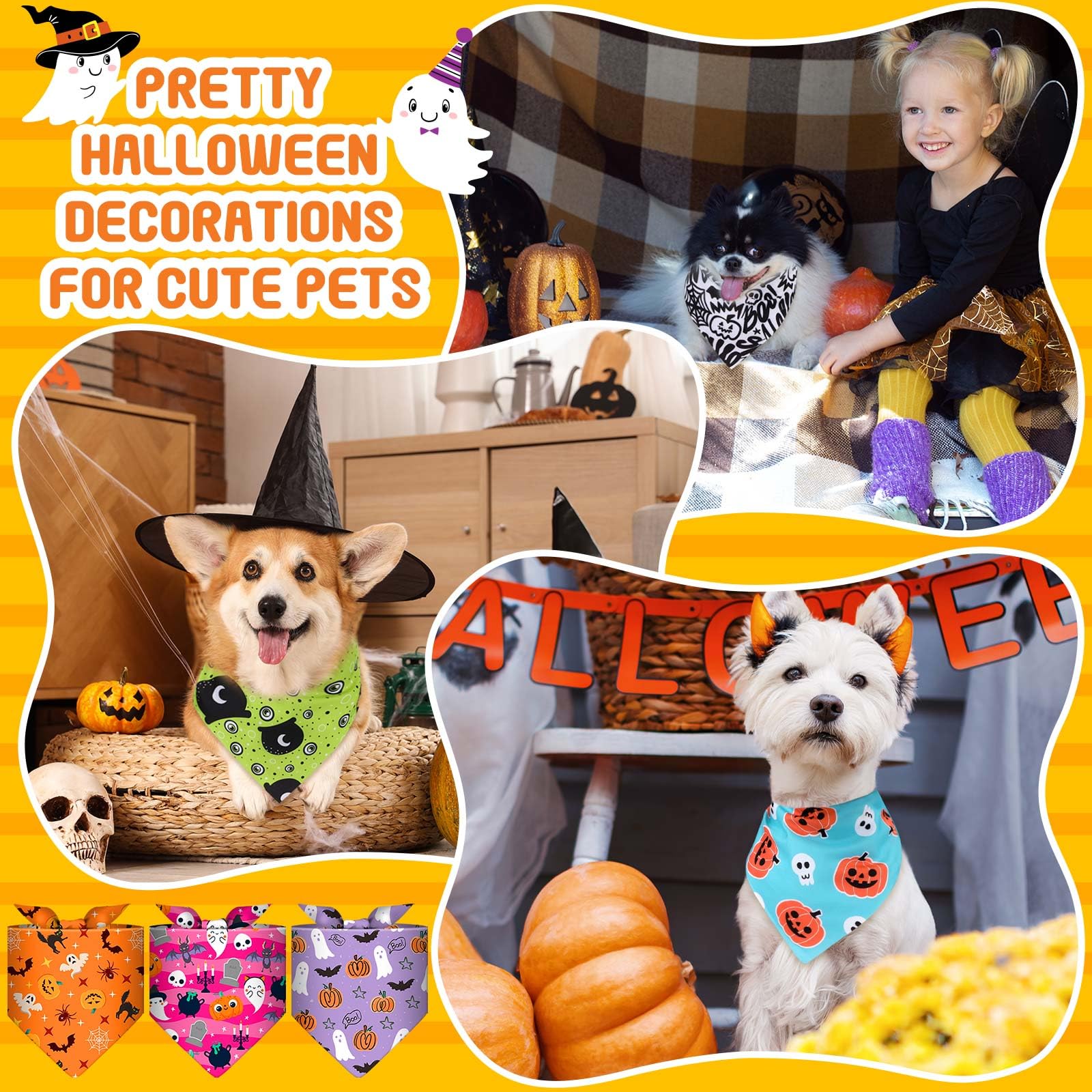 Bulyoou 120 Pcs Halloween Dog Bandanas Bulk Pumpkin Ghosts Skeleton Pet Bandanas Dog Handkerchiefs Halloween Scarf Bibs Triangle