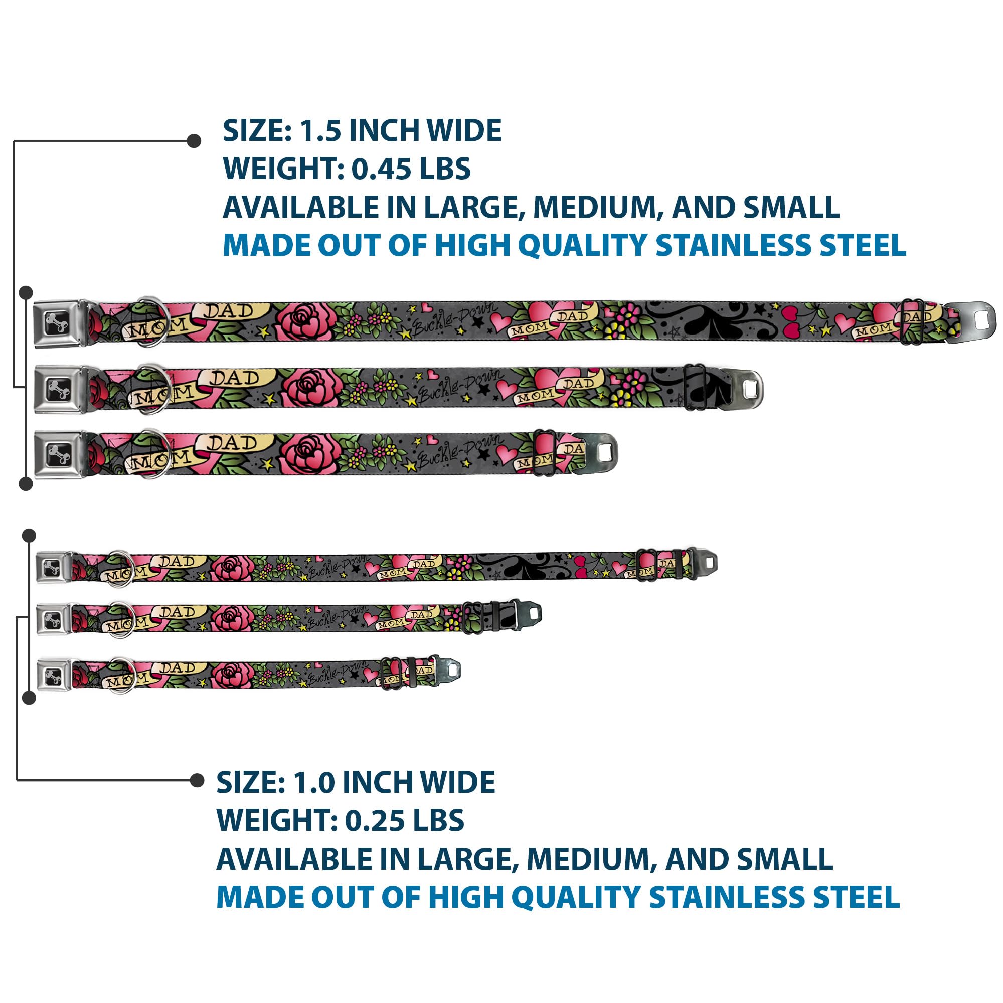 Buckle-Down Dog Collar Seatbelt Buckle Mom Dad Gray, Multicolor, 1' Wide - Fits 11-17' Neck - Medium (Dc-W31316-M)