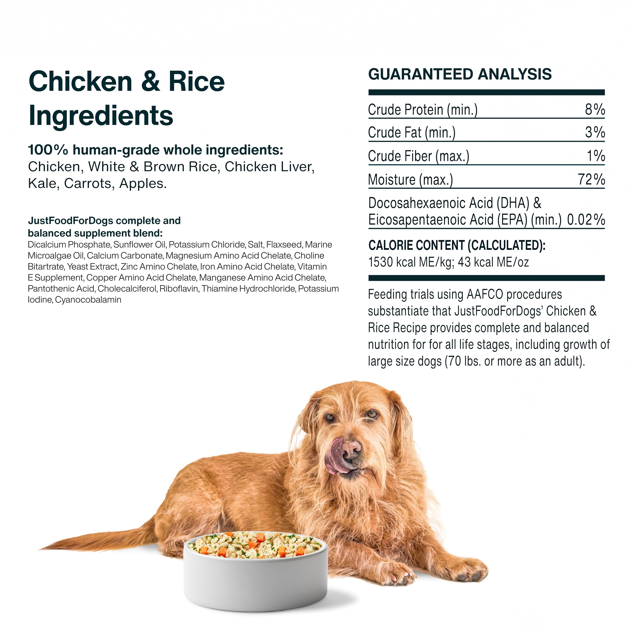 JustFoodForDogs Frozen Fresh Dog Food, Complete Meal or Topper, Chicken & Rice Human Grade Recipe, 18 oz (Pack of 7)