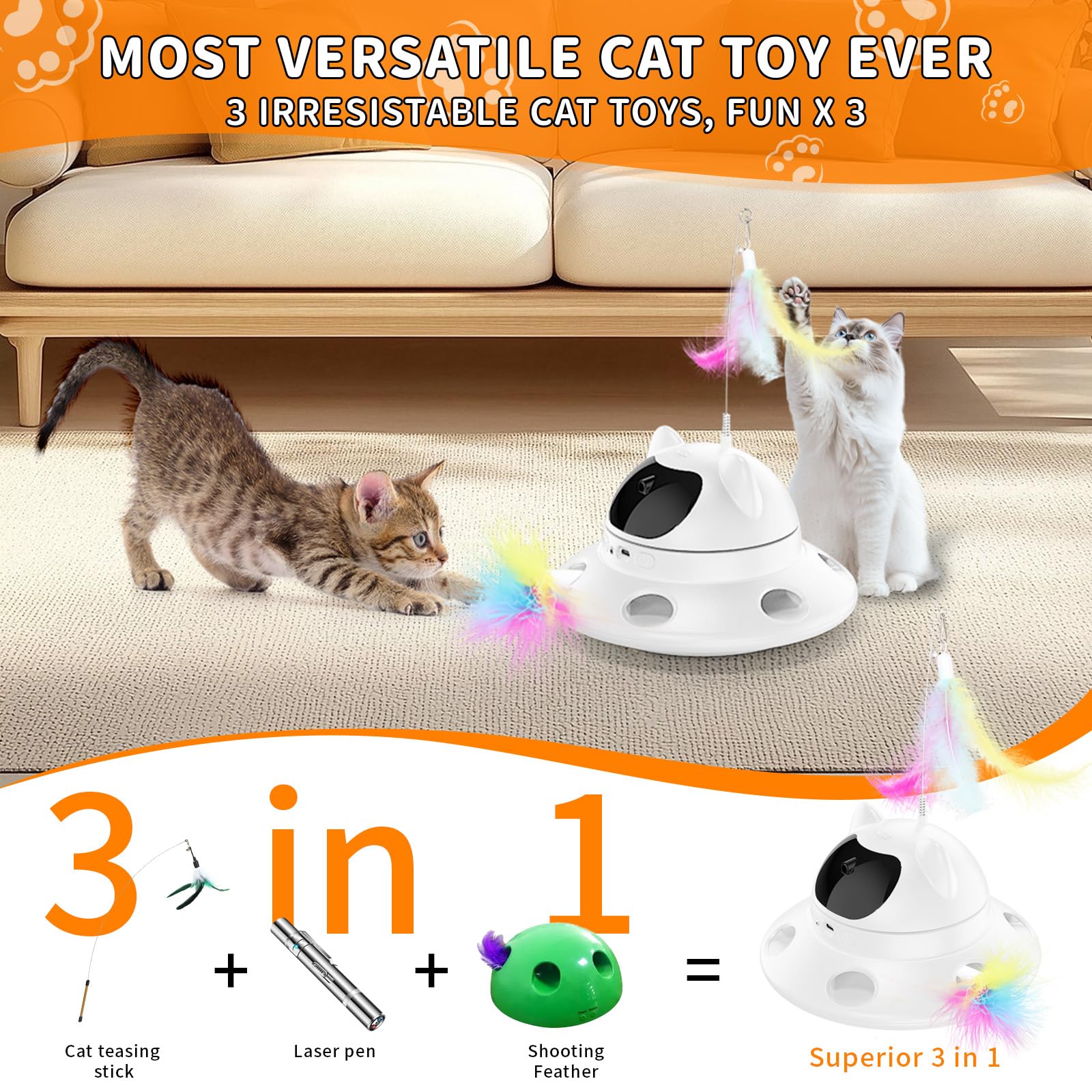 QUEOPFU Cat Laser Toy,3-in-1Interactive Automatic 6 HolesElectronic Whack a Mole, Fluttering Butterfly,USB Rechargeable Interact