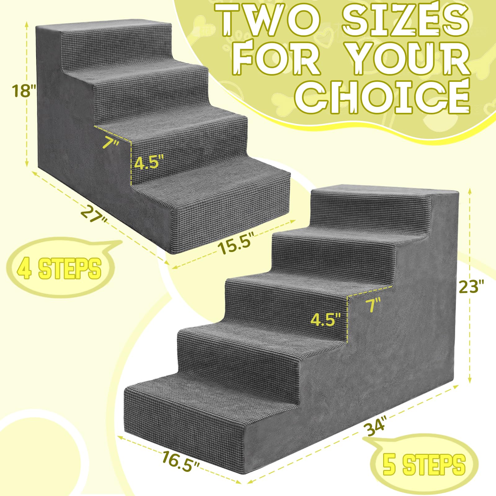 Niubya Dog Stairs For Small Dogs And Cats,18'H Non-Slip Bottom Pet Steps For High Beds And Couch,High-Density Foam Pet Stairs Gr