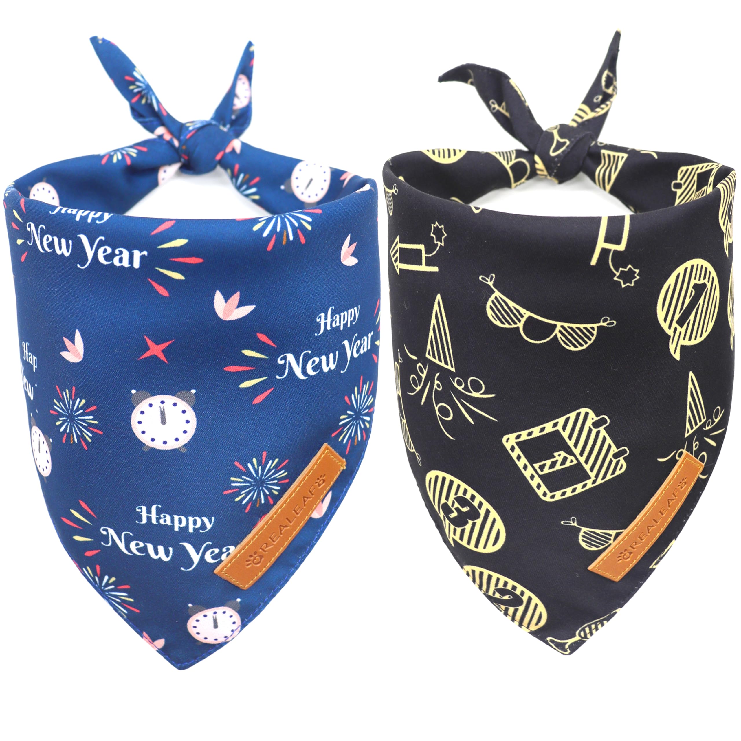 Realeaf Happy New Year Dog Bandanas 2 Pack, Reversible Holiday Pet Scarf For Boy And Girl, Premium Durable Fabric, Bandana For Small Medium Large And Extra Large Dogs (Large)