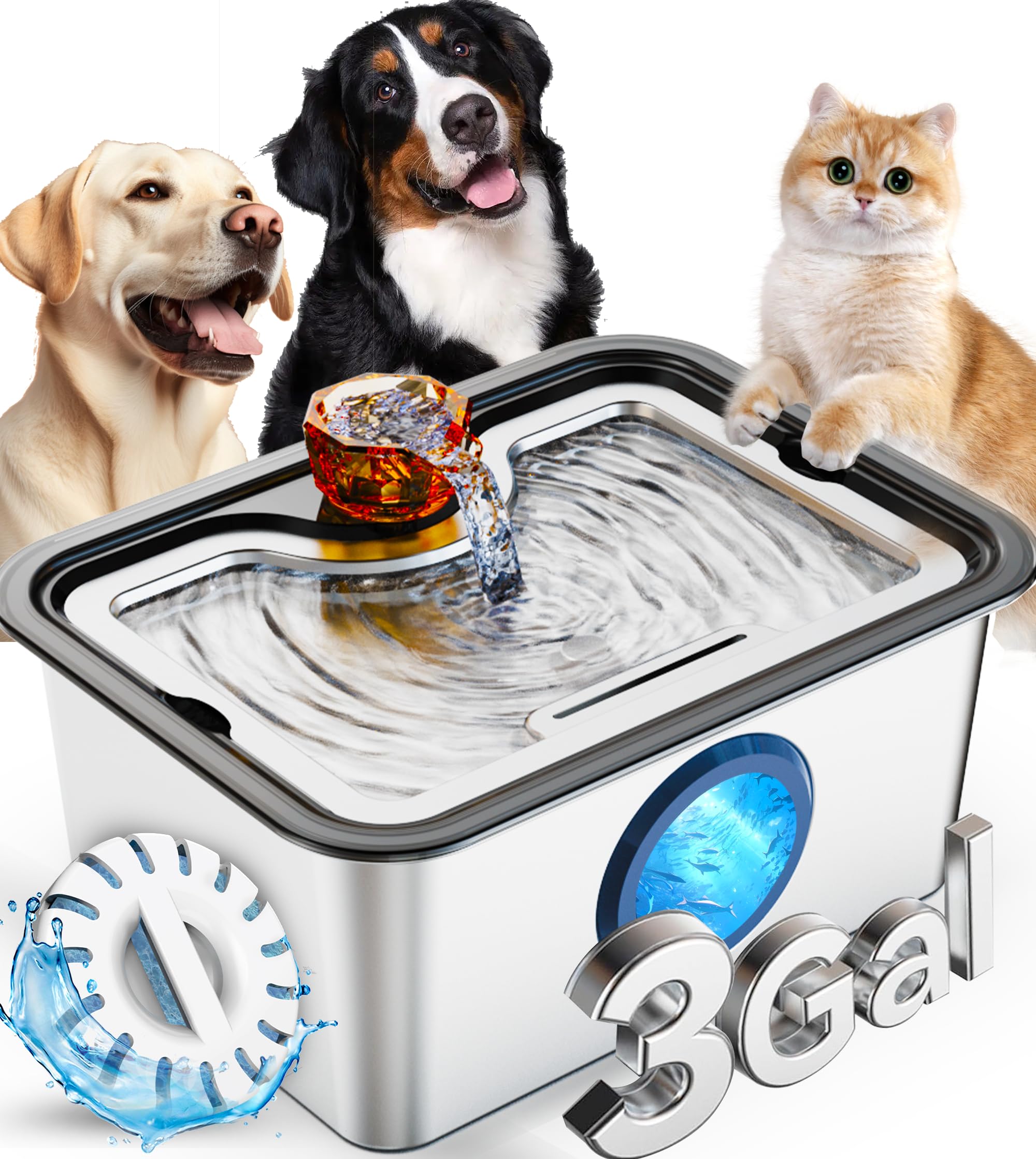 Stainless Steel Dog Water Fountain For Large Dogs, 3 Gal Automatic Pet Water Fountain For Multiple Pets, Dog Water Bowl Dispense