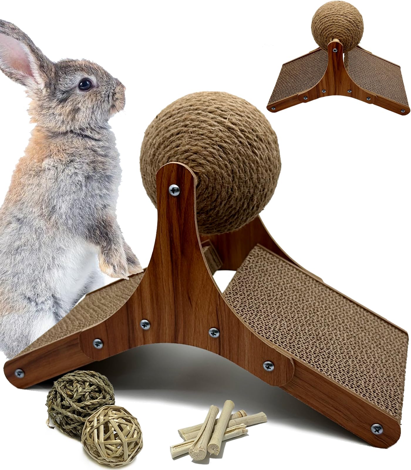 Niwaes Rabbit Scratching Toys, Sisal Bunny Scratcher Ball And Scratch Cardboard Pad, Pet Enrichment Interactive Toy For Indoor B