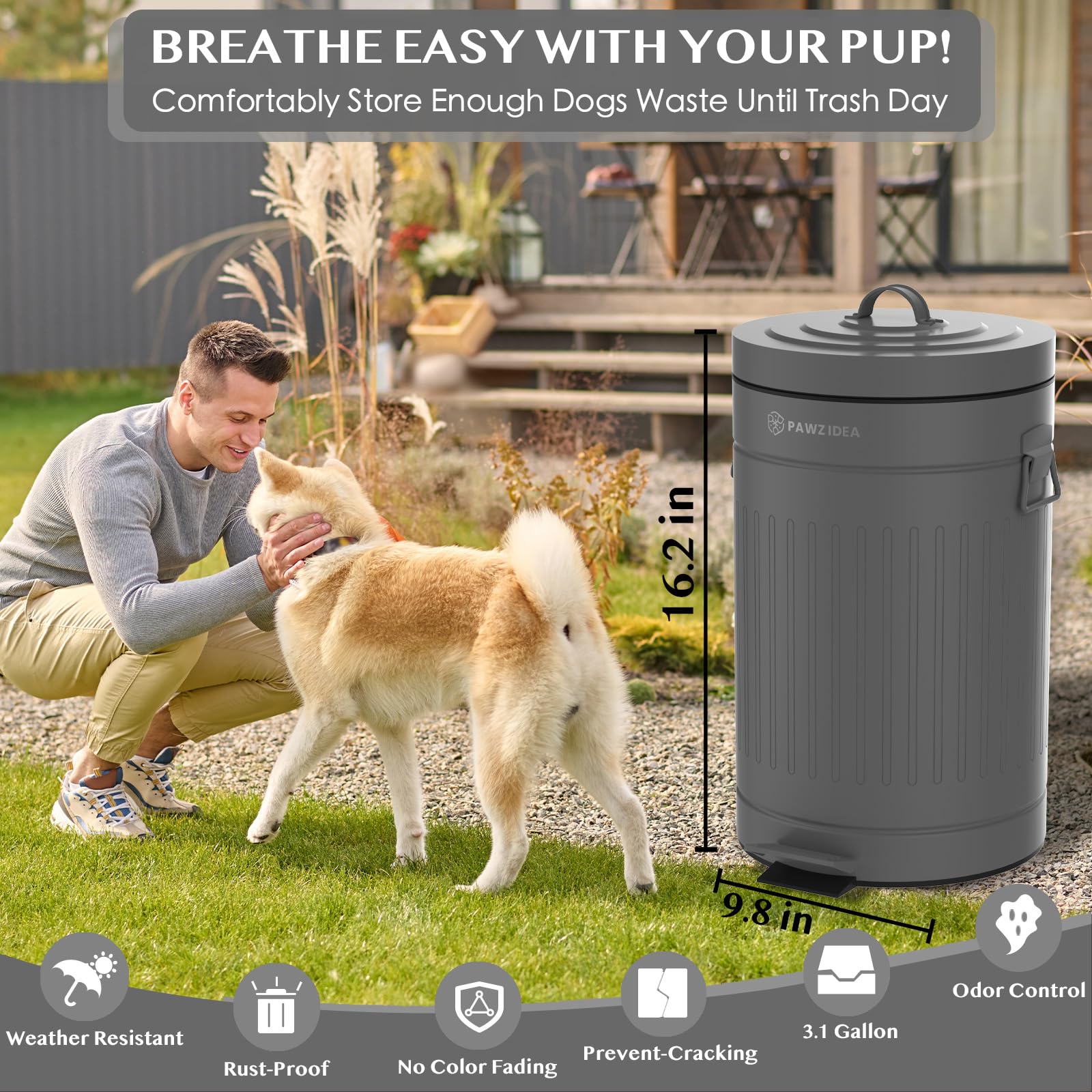PAWZIDEA 3.1 Gallon Dog Poop Trash Can - Outdoor Odor Control, Waterproof, Grey, with Lid - Large Dog Waste Bin for Backyard
