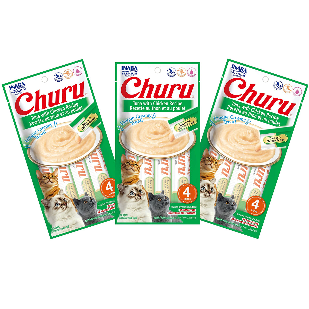 Inaba Churu Cat Treats, Grain-Free, Lickable, Squeezable Creamy Purée Cat Treat/Topper With Vitamin E & Taurine, 0.5 Ounces Each Tube, 12 Tubes (4 Per Pack), Tuna With Chicken Recipe