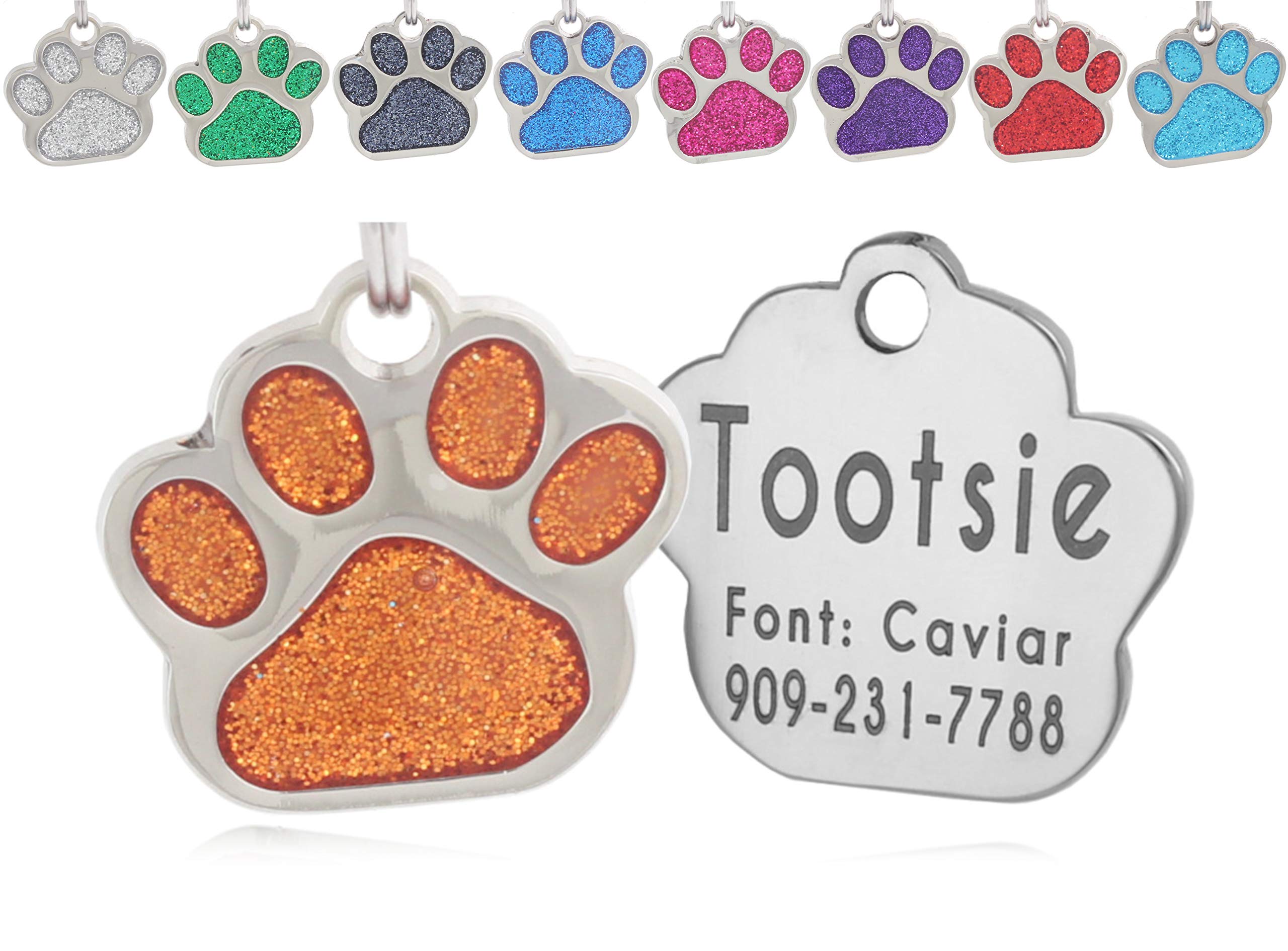 Io Tags Pet Id Tags, Personalized Dog Tags And Cat Tags, Custom Engraved, Easy To Read, Cute Glitter Paw Pet Tag (Orange)