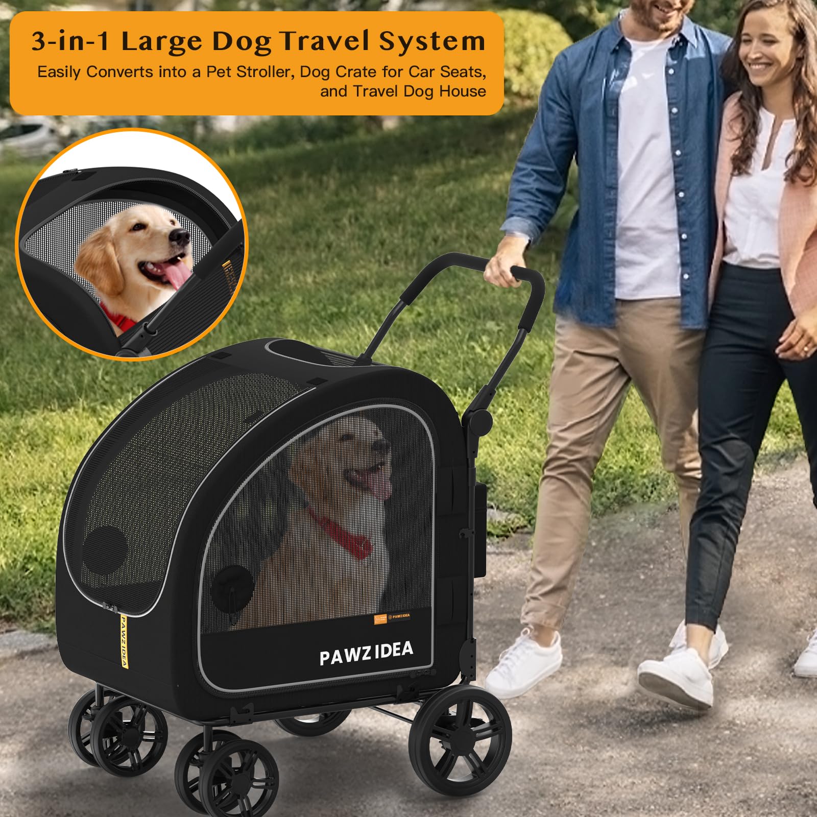 PAWZIDEA Dog Stroller for Large Dogs, Pet Stroller with Detachable Carrier for Portable Dog Crate for Car Seat, Foldable Dogs Jo