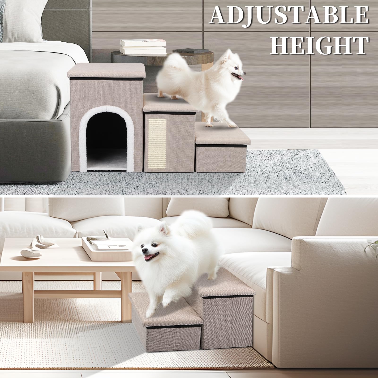 Pet Steps For Bed And Couch, 17''H Foldable Stairs For Small Older Dogs And Cats, Adjustable With Storage, Ramps With Condo, Scr