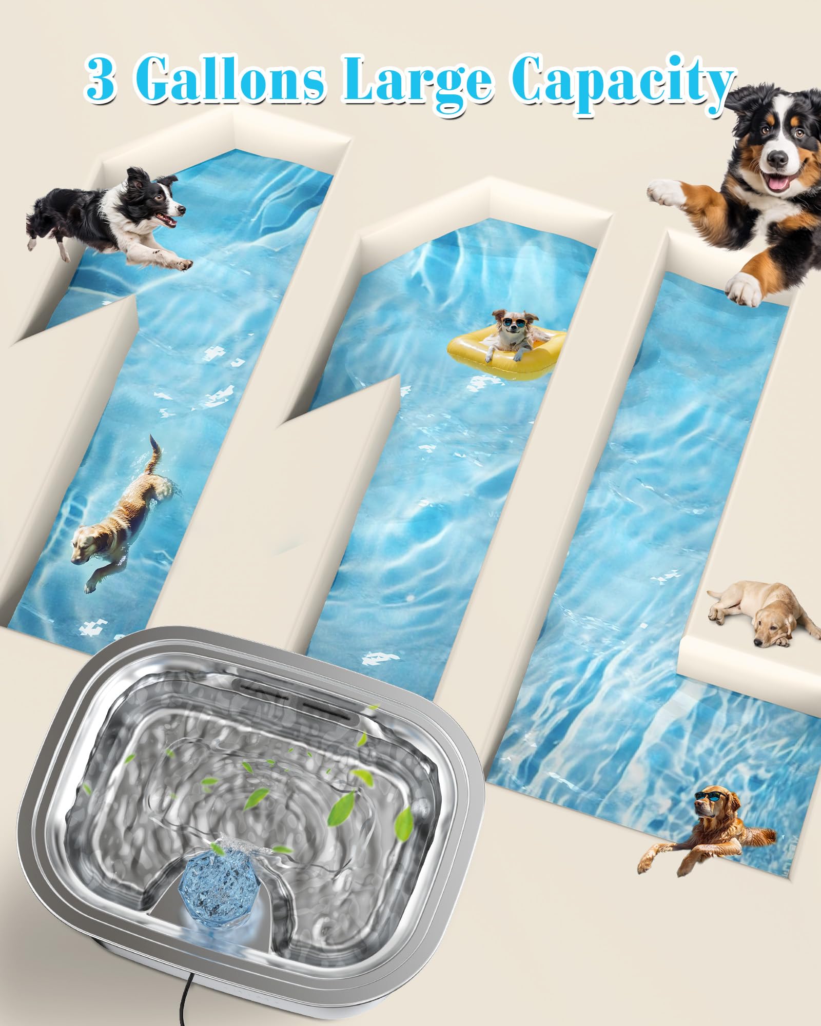 Lesotc 3 Galon Stainless Steel Dog Water Fountain For Large Dogs, Pet Water Fountain With 2 Filters, Automatic Dog Fountain Dog