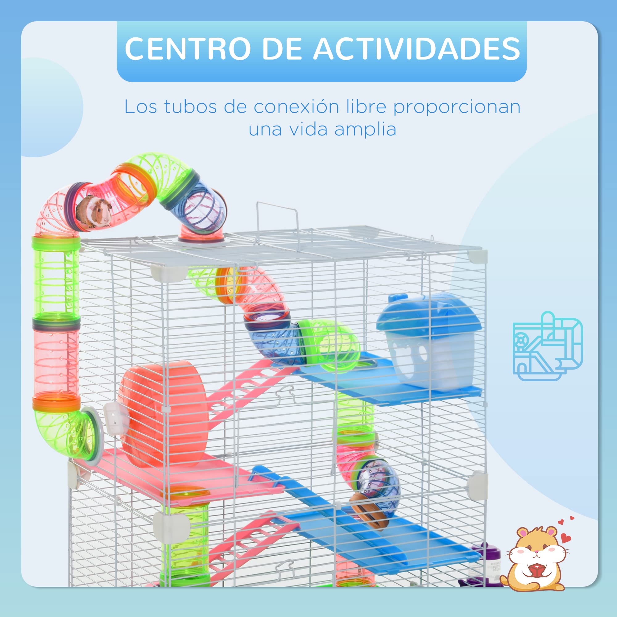 PawHut Hamster Cage with Ladder, Feeder, Wheel & Tunnel - Green & White, 46 x 30 x 58 cm, Metal & Plastic
