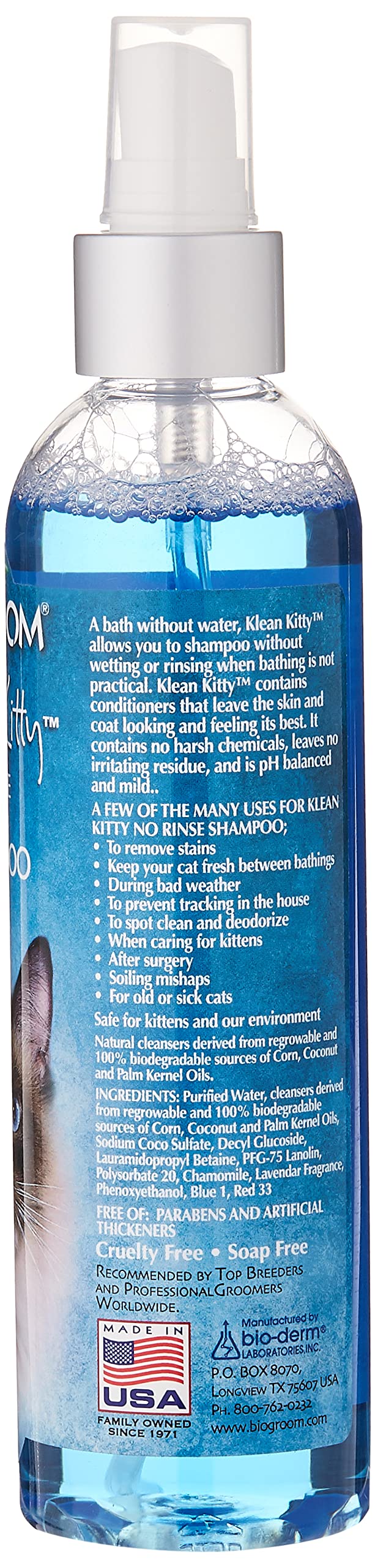 Bio-Groom Klean Kitty Waterless Cat Shampoo - No-Rinse, Cat Bathing Supplies, Kitten Wash, Cat & Dog Grooming Supplies, Cruelty-Free, Made In Usa, Dry Shampoo Spray, Cat Products - 8 Fl Oz 1-Pack