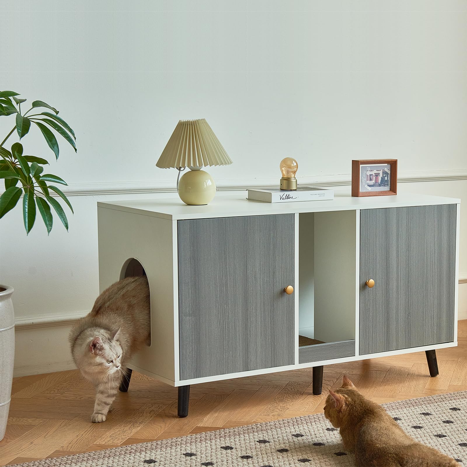 Litter Box Enclosure For 2 Cats - 42.5'' Double Room Cat Litter Box Cabinet Furniture With Scratching Pad, Indoor Hidden Cat Lit