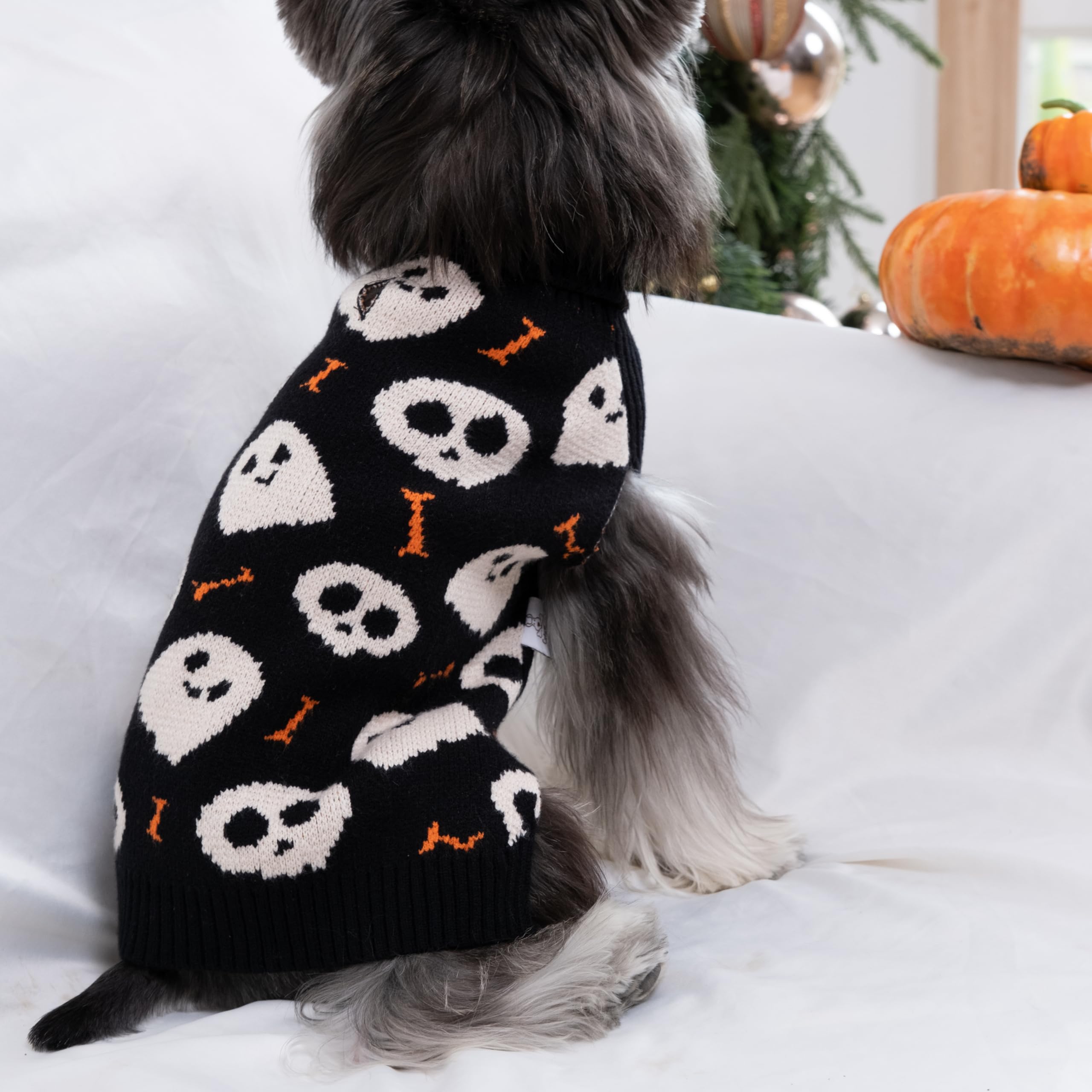 Cutebone Halloween Skull Dog Sweater For Medium Dogs Turtleneck Pet Winter Clothes Cat Apparel With Harness Hole