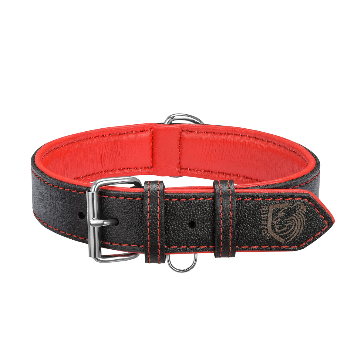 Riparo Dog Collars For Medium Dogs, Genuine Leather Dog Collar, Medium Dog Collar (M: 1'' Wide For 13.5   -17.5    Neck, Black/R