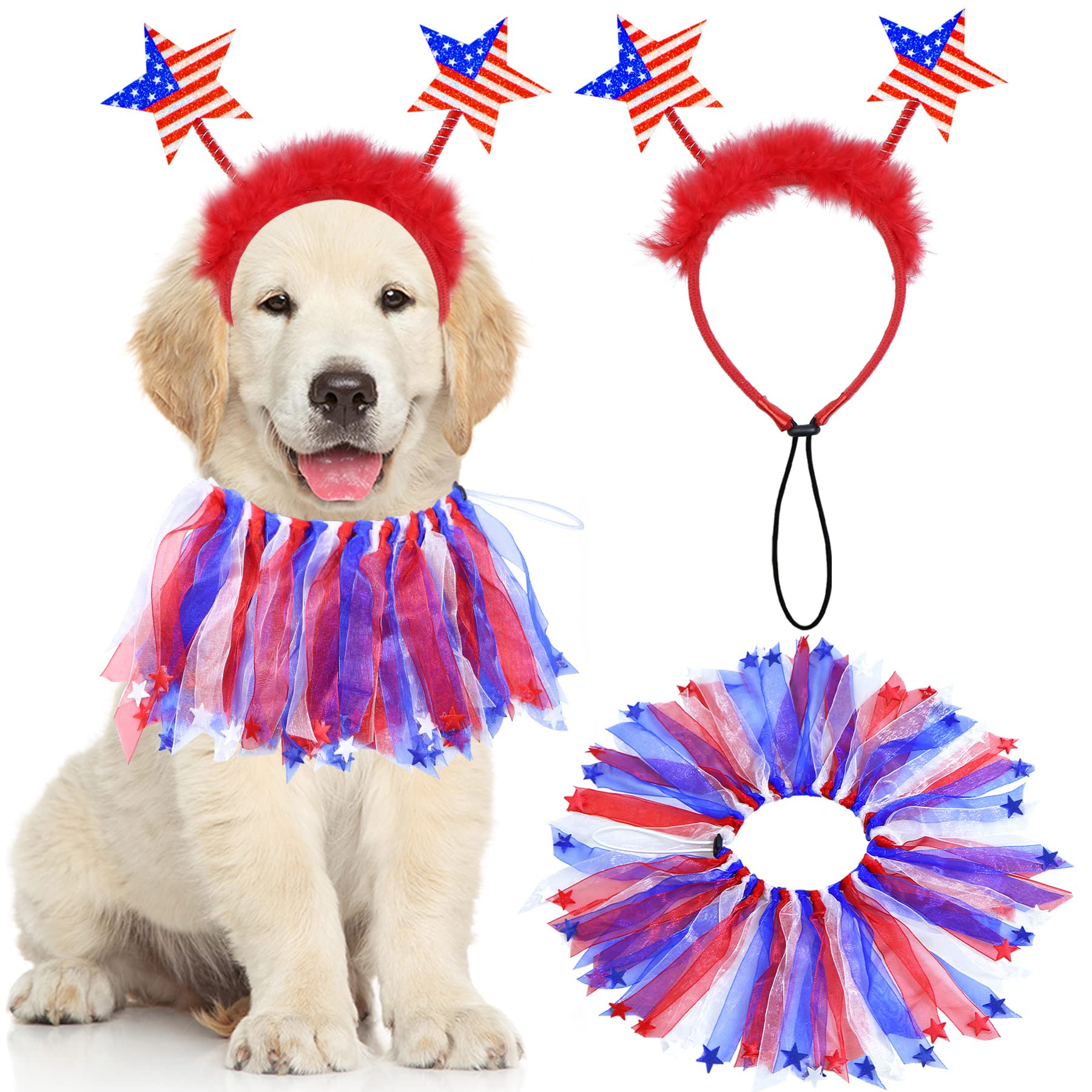 Goyoswa 2 Pcs Dog 4Th Of July Outfit, 4Th Of July Dog Clothes American Flag Star Dog Headband, Dog Collar With Red White And Blu
