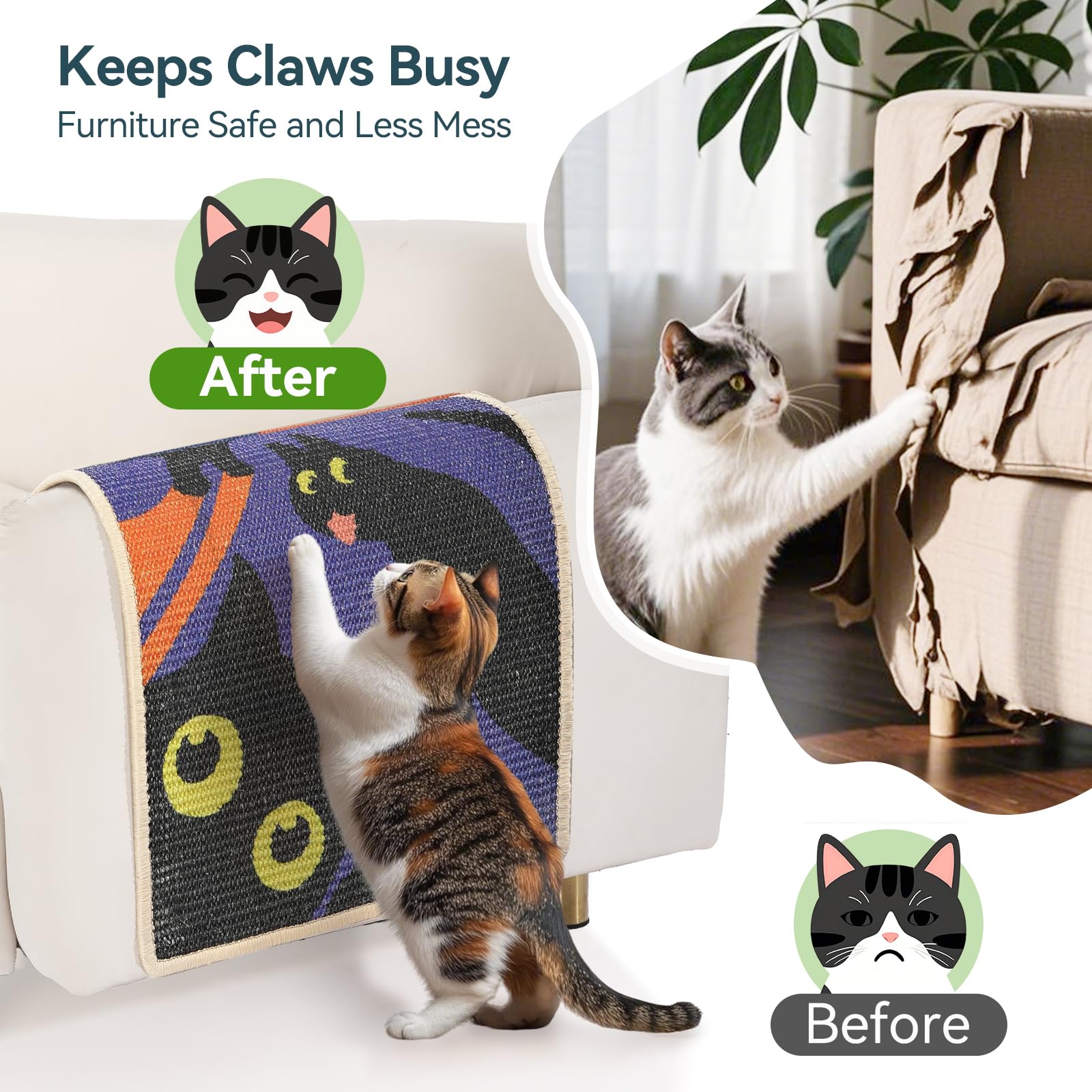 3-In-1 Sisal Cat Scratcher Mat 23.6X15.7'' Protects Carpet Couch & Furniture With Sticker Tape, Floor & Wall Cat Scratching Pad,