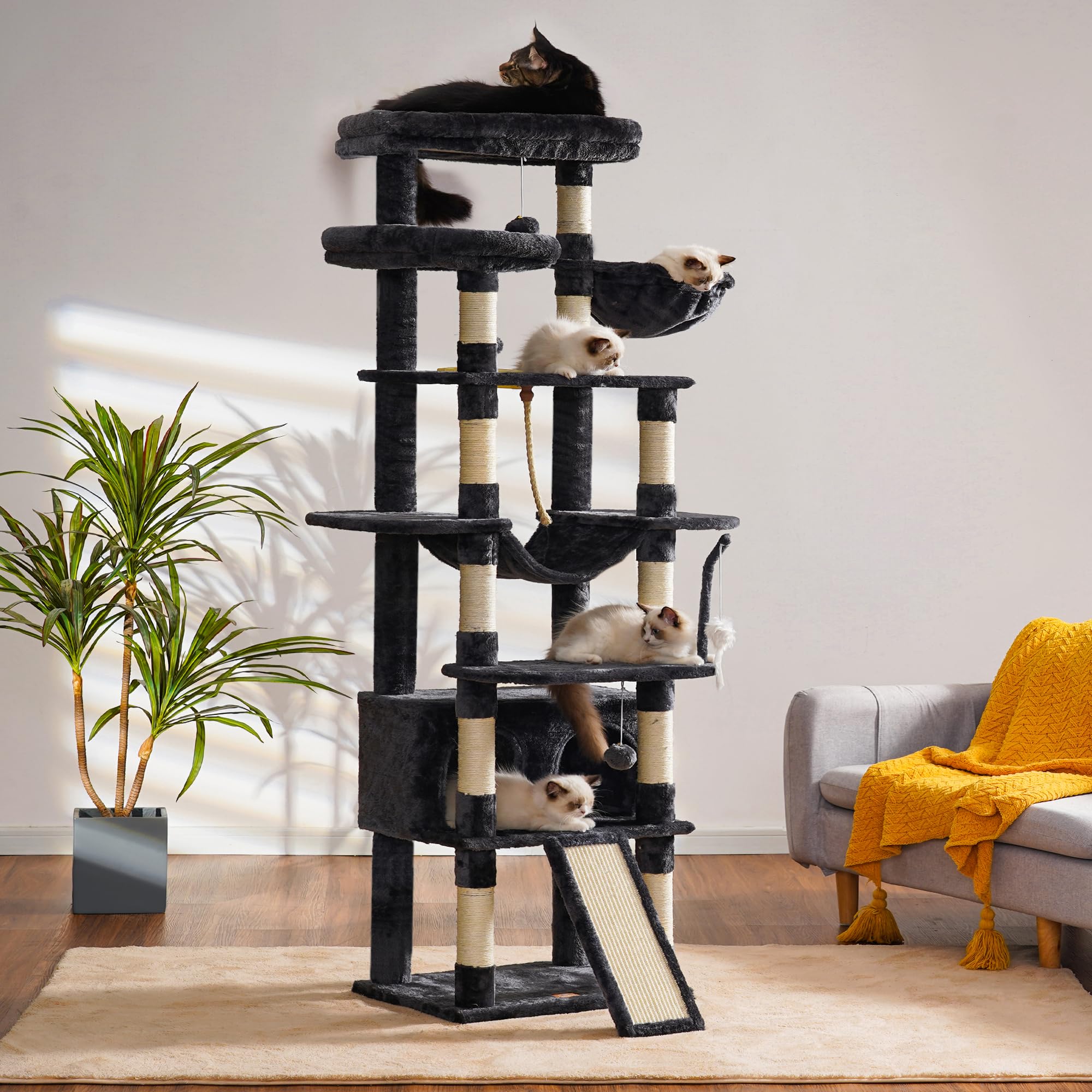 Heybly Tall Cat Tree,78 Inch Multi-Level Cat Tower For Indoor Cats,2 Widened Plush Perches Cat Condo With Scratching Board And B