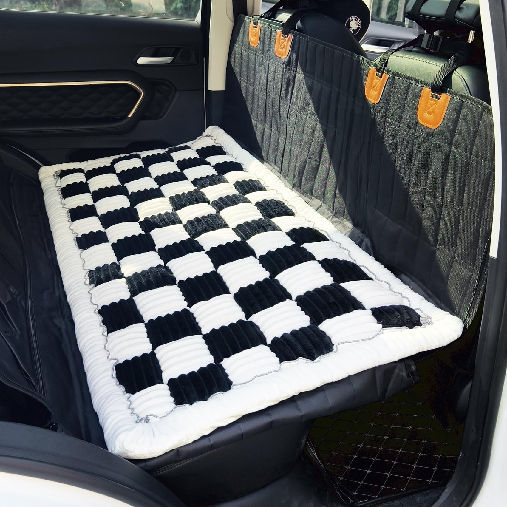 Backseat Pet Bed Mat, Plaid Dog Bed For Car Back Seat, Furry Dog Covers For Loveseats, Non-Slip Travel Dog Bed, Custom Fit For B