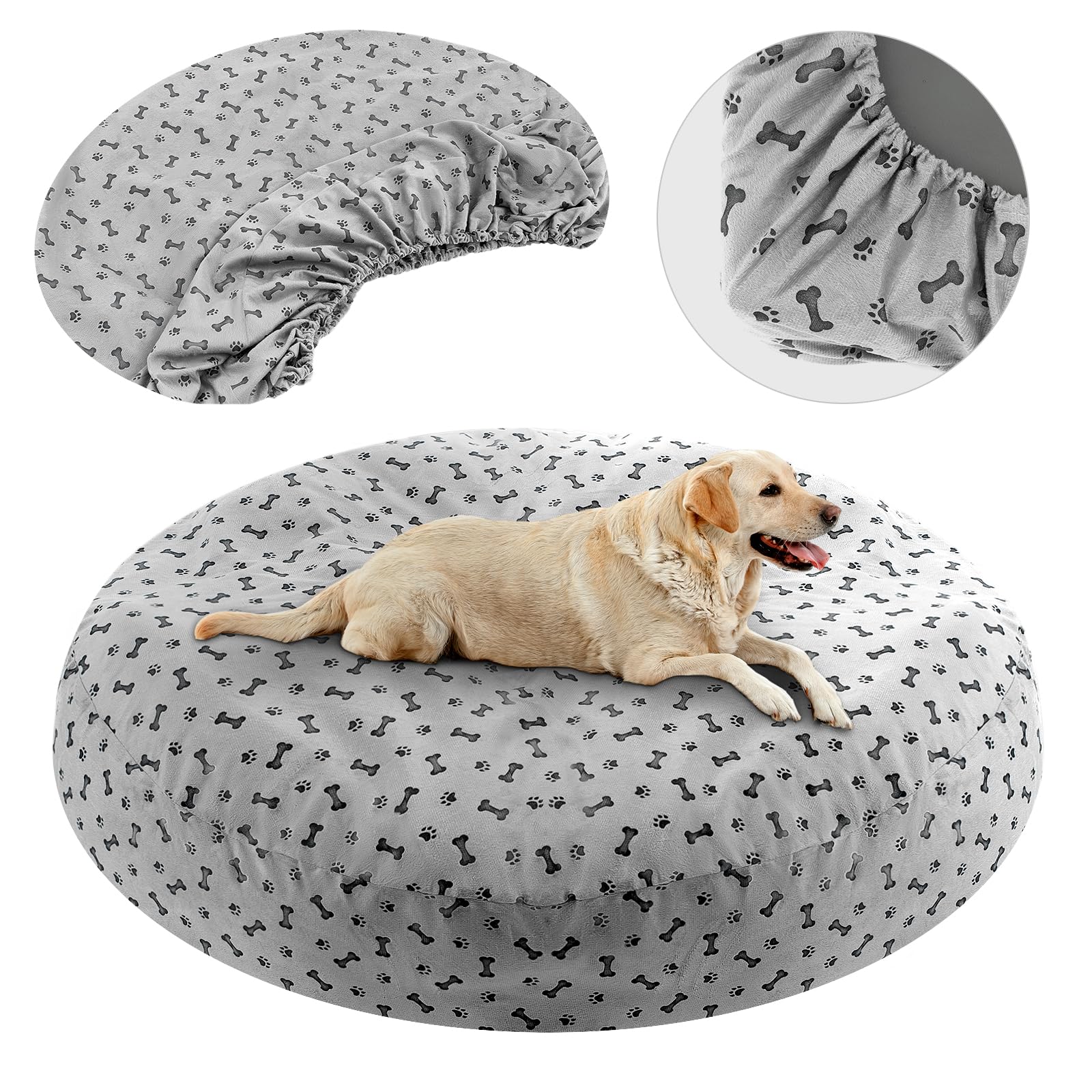 Yalikop Dog Bed Covers Replacement 45 x 45 x 11 Inch Washable Round Soft Gray Pet Bed Cover with Dog Paw Bone Print, Cover Only