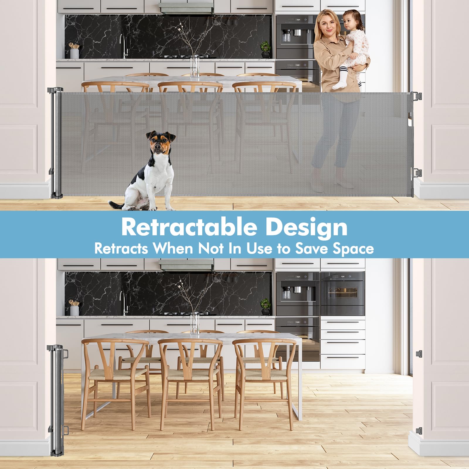 75 Inch Retractable Baby & Dog Gate - Wide & Extra Large Openings, Indoor & Outdoor Use, Gray