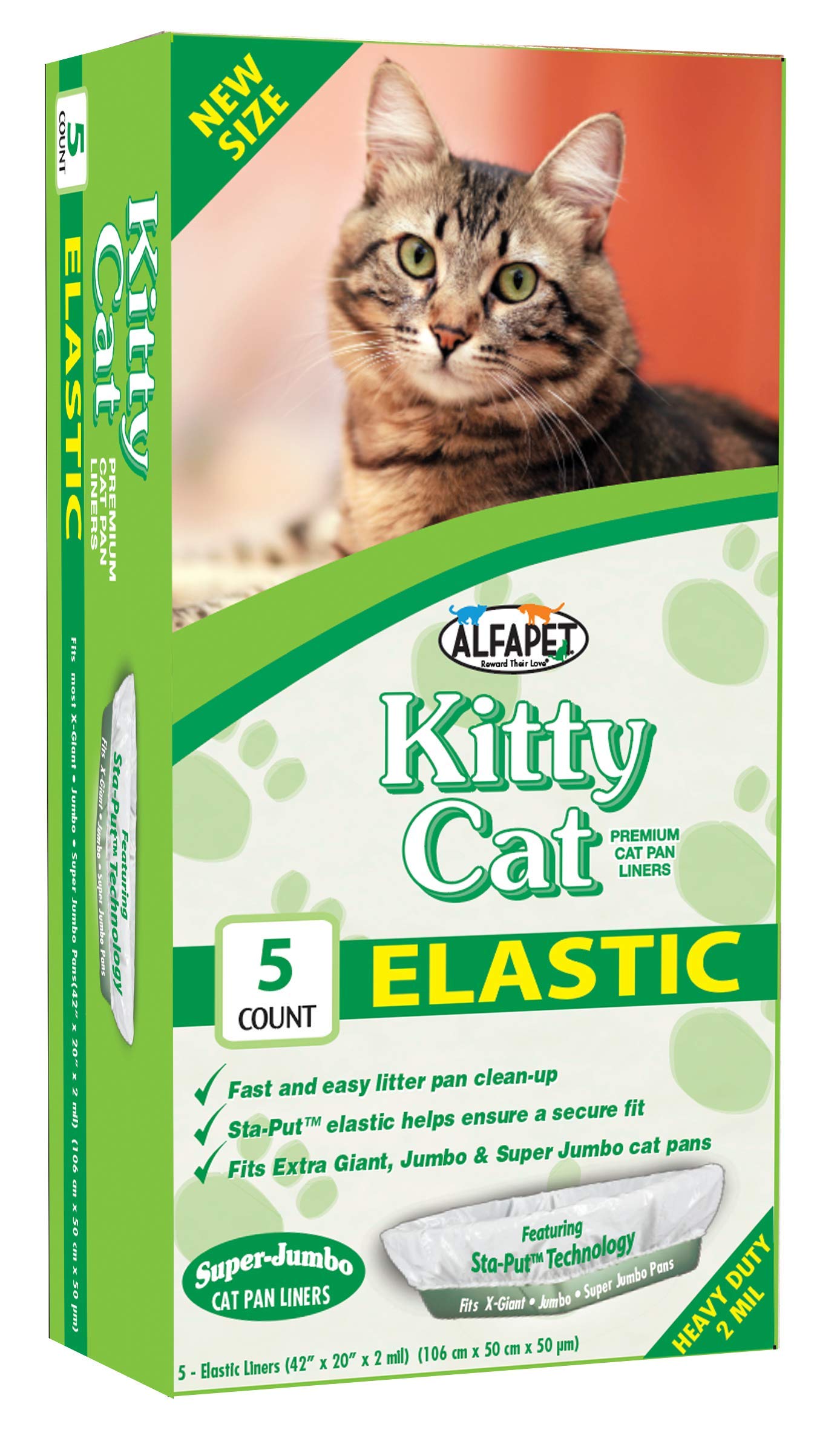 Alfapet Elastic Cat Litter Box Liners - Super Jumbo 5 Count - Tear-Resistant Cat Litter Bags, Waterproof Kitty Litter Liners - Fits Litterbox Pan Sizes X-Giant, Jumbo, 42' X 20' X 2 Mil 30 Lb Capacity
