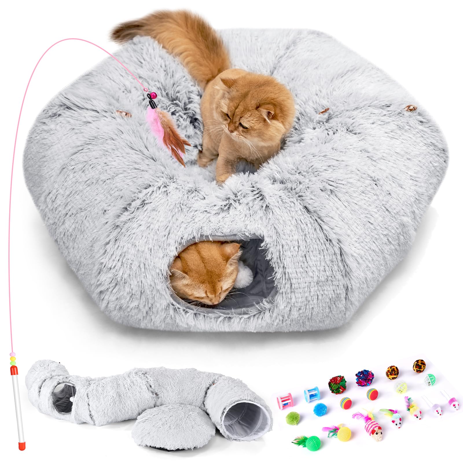 Odoland Cat Tunnel Bed With 20 Cat Toys - Indoor Plush Kitten Couch, Detachable Cats Cave Donut Tunnel & Soft Kitten Toy Set - C