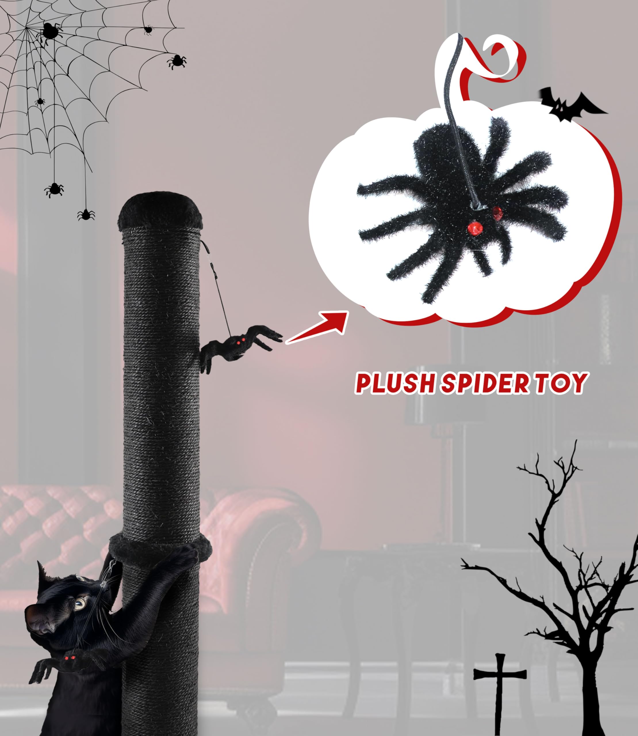 Puzzlepaw Gothic Cat Scratching Post With Spider Dangling Toys For Indoor Large Cats, Halloween Spooky Cat Scratcher,Activity Ca