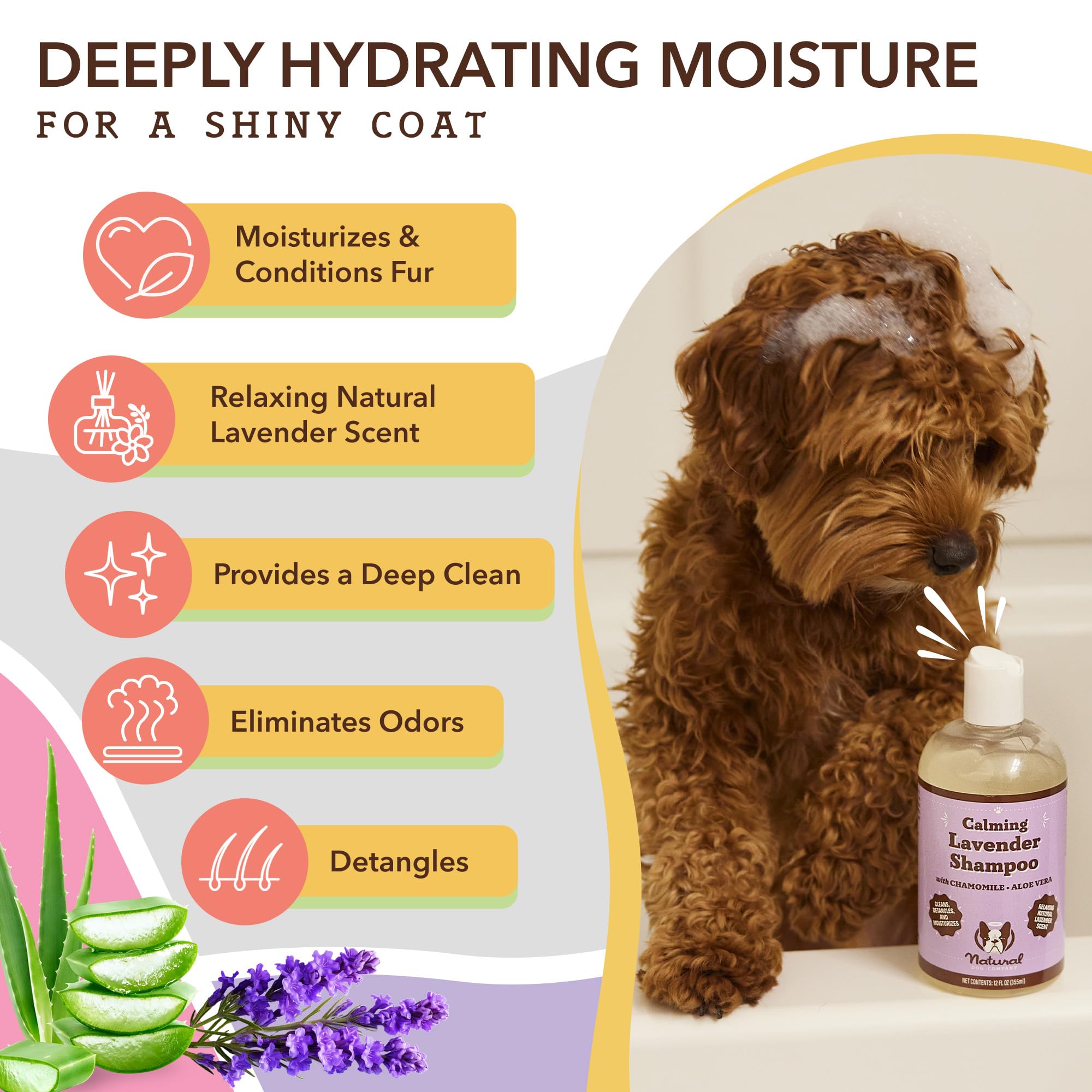 Natural Dog Company Calming Lavender Shampoo For Dogs - Hypoallergenic, Deodorizing Dog Shampoo For Sensitive Skin, All Natural, Organic Pet Shampoo, Soothes With Chamomile And Lavender, 12 Oz