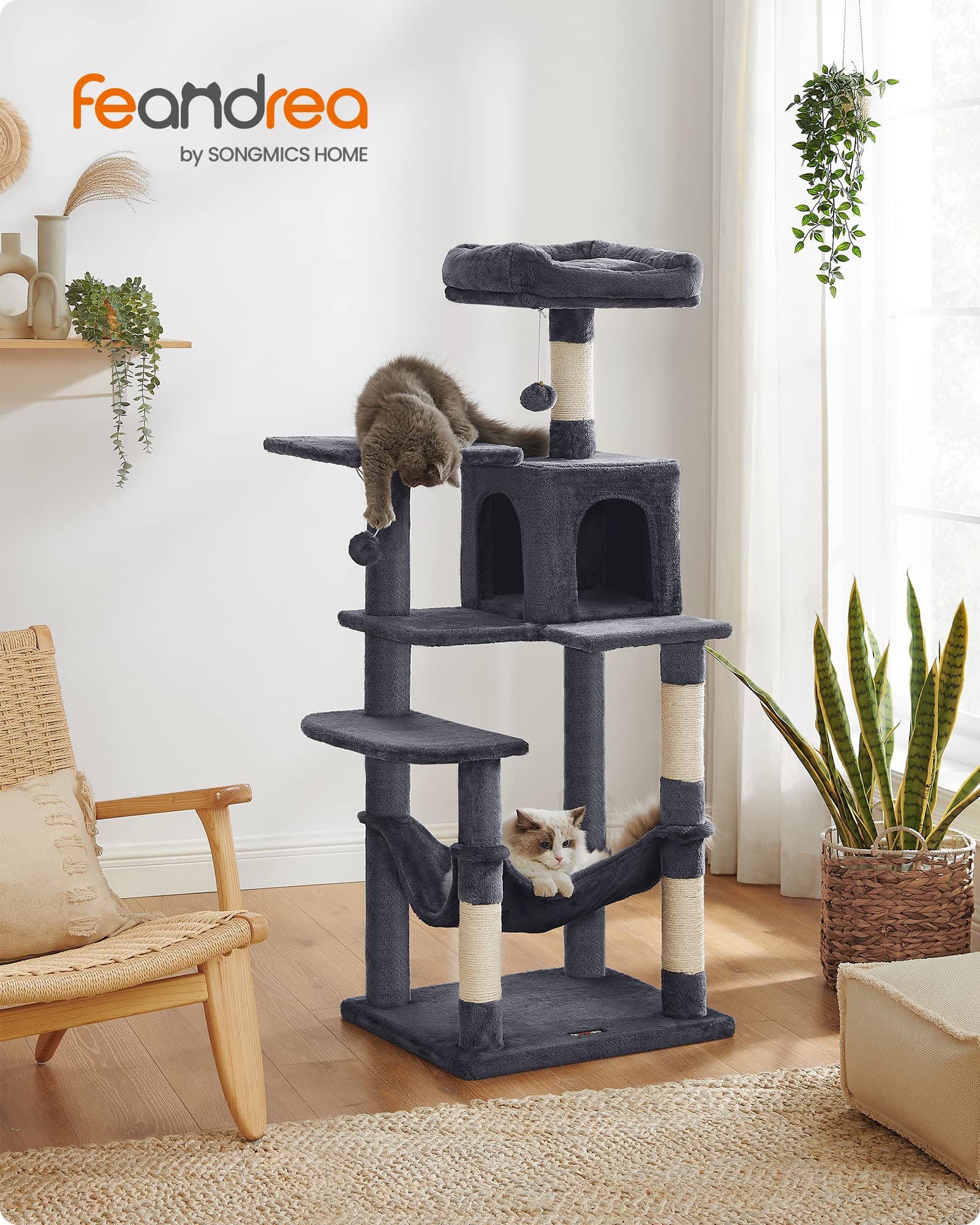 Feandrea Cat Tree, 56.3-Inch Cat Tower For Indoor Cats, Multi-Level Cat Condo With 4 Scratching Posts, 2 Perches, Hammock, Cave, Smoky Gray Upct161G01