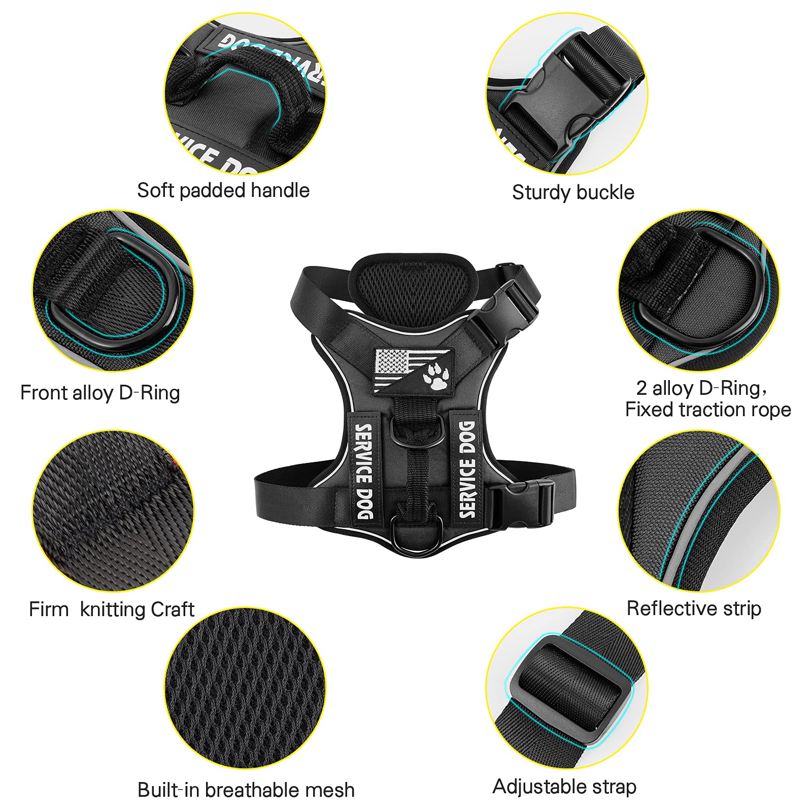 Demigreat Service Dog Harness, Reflective Dog Vest Harness With 5 Pcs Patches, Adjustable Soft Oxford Pet Harness, Inner Layer Mesh, Easy To Control For Small Medium Large Dogs