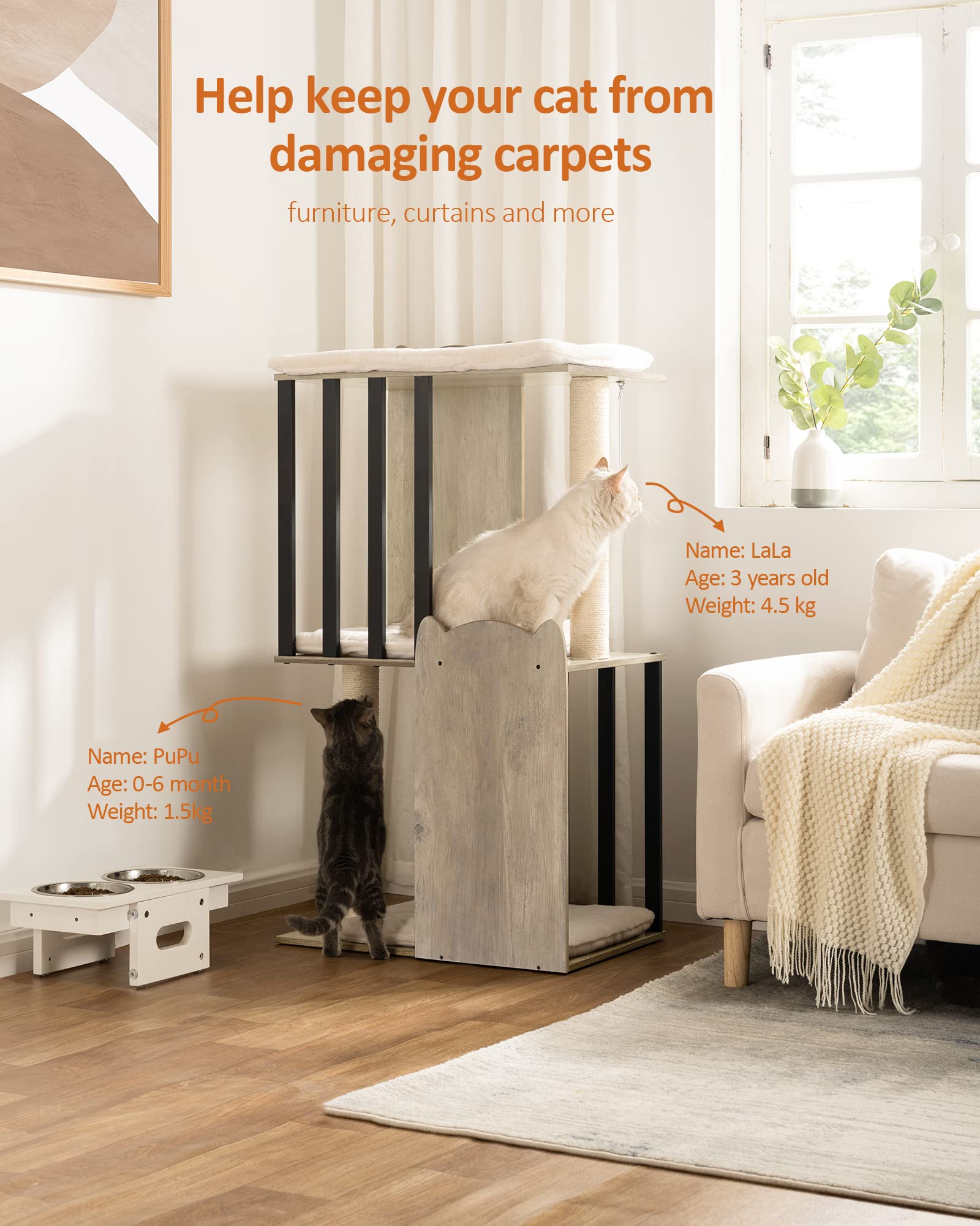 FourFurPets Cat Tree Condo, 43.8in Modern 3-Tier Scratching Tower, Engineered Wood, Greige, Model 111PMJA02G1